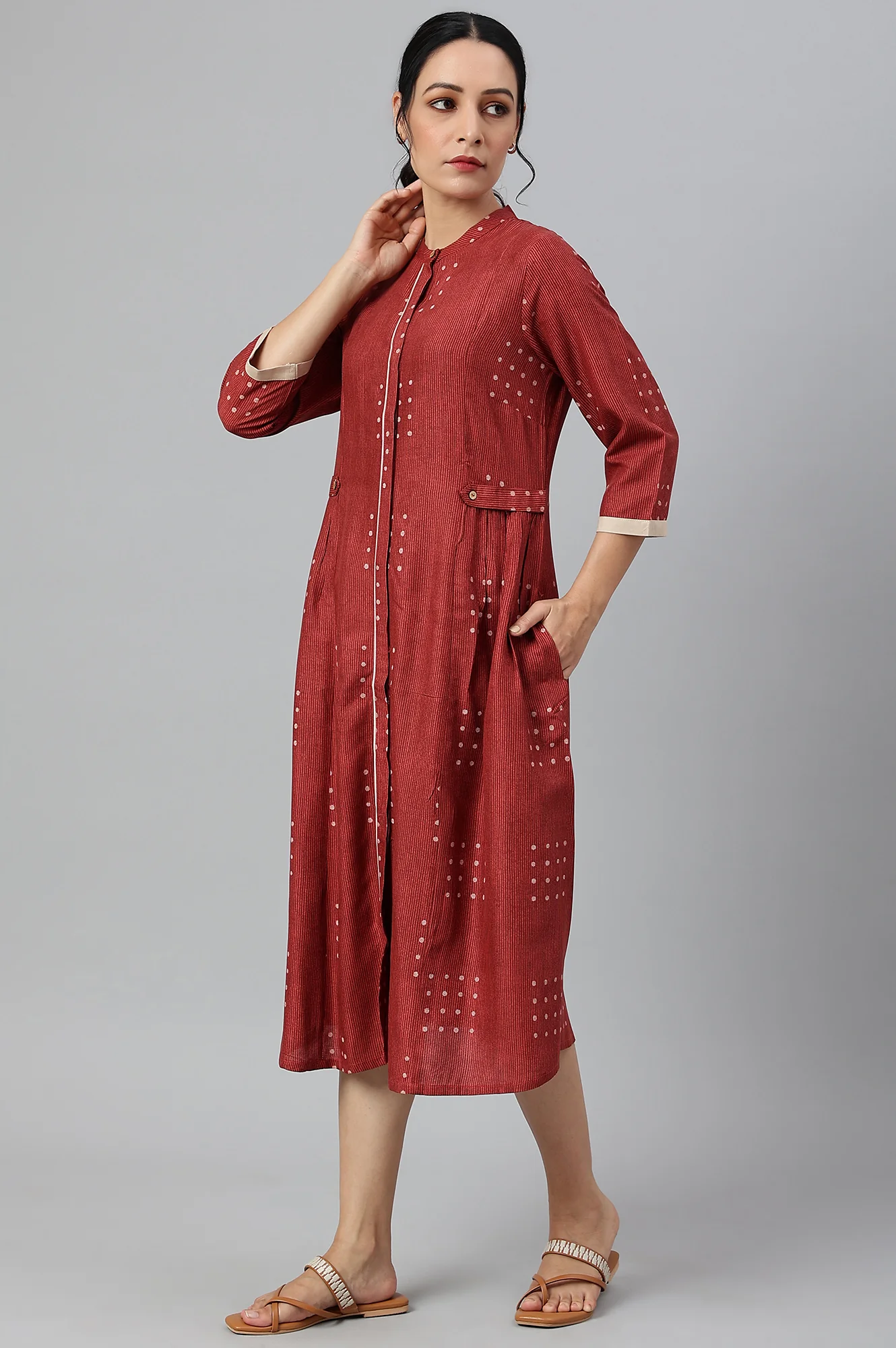 Red Full Placket Shirt-Dress kurta In Rayon Fabric - Image 3