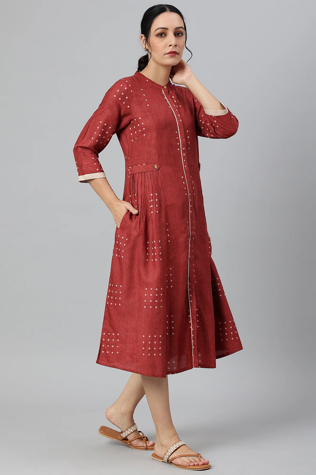 Red Full Placket Shirt-Dress kurta In Rayon Fabric - Image 4
