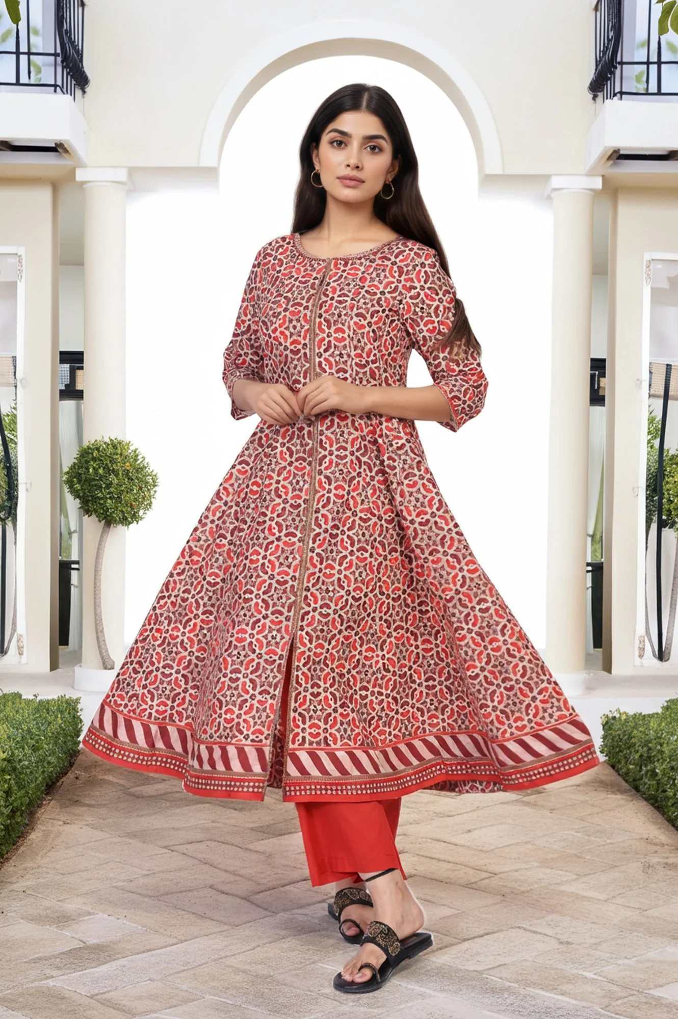 Red Geometric Embroidered Anarkali Cotton Kurta