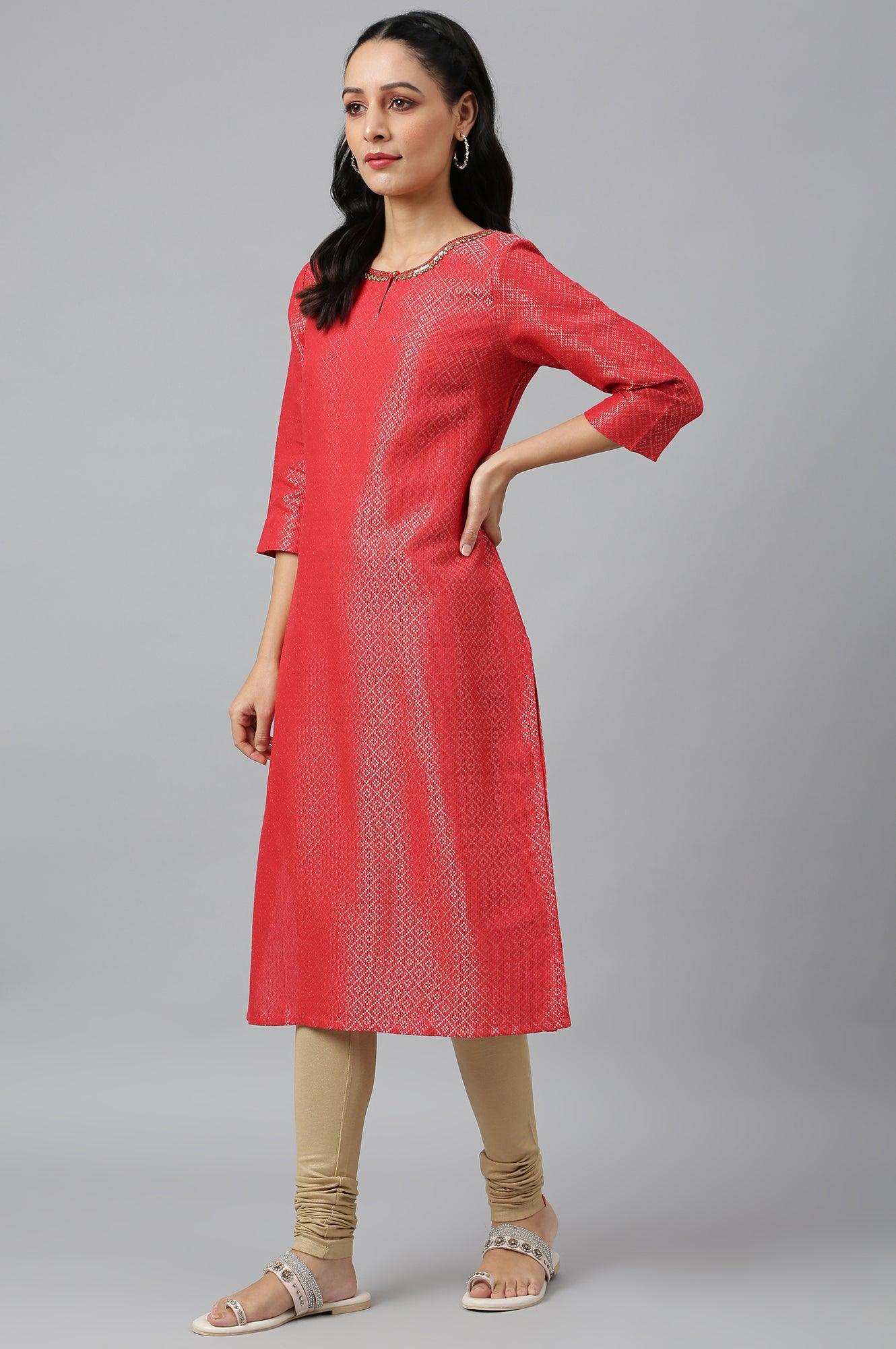 Red Geometric Print Dobby kurta - Image 3