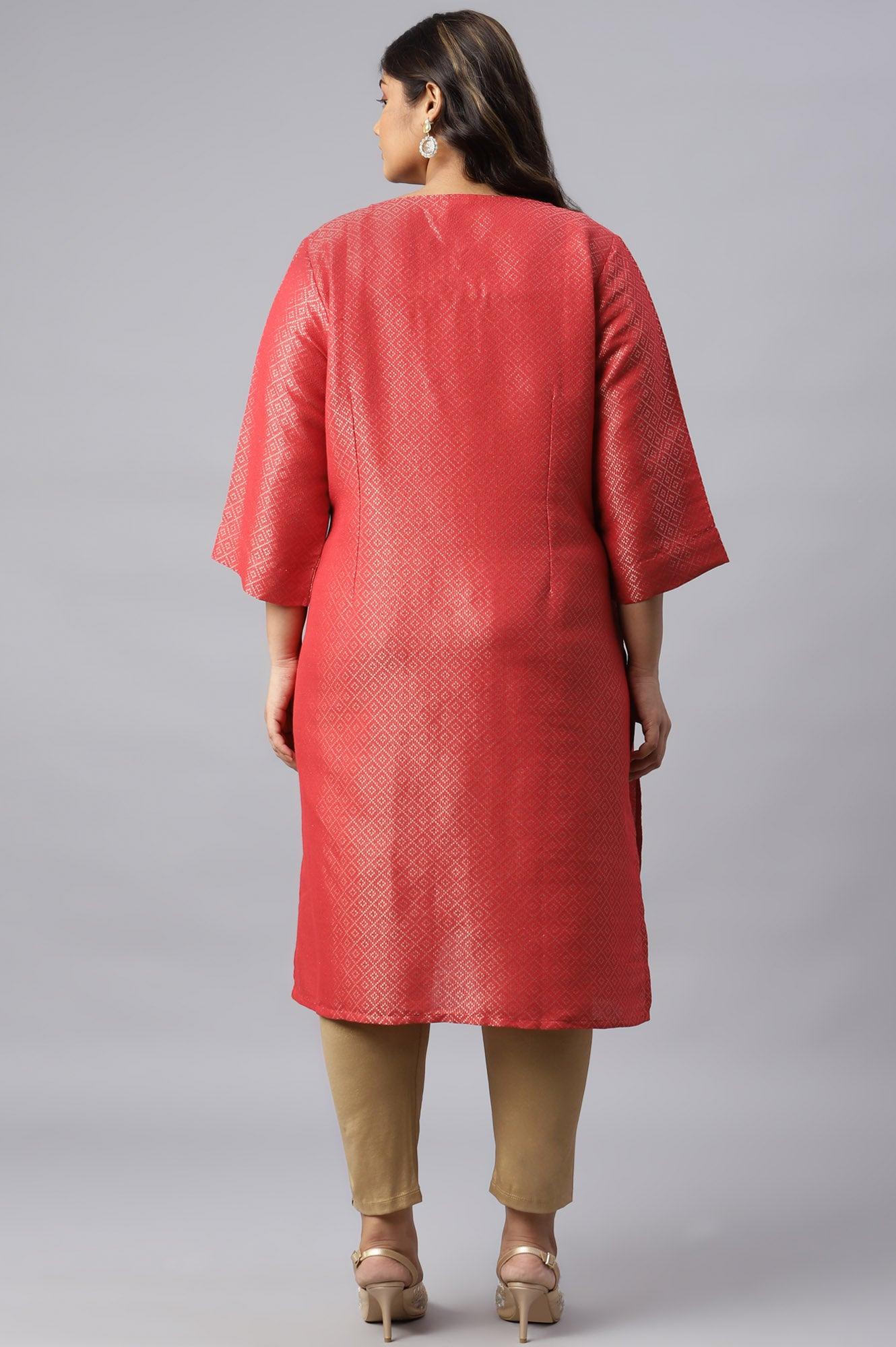 Red Geometric Print Dobby Plus Size kurta - Image 2