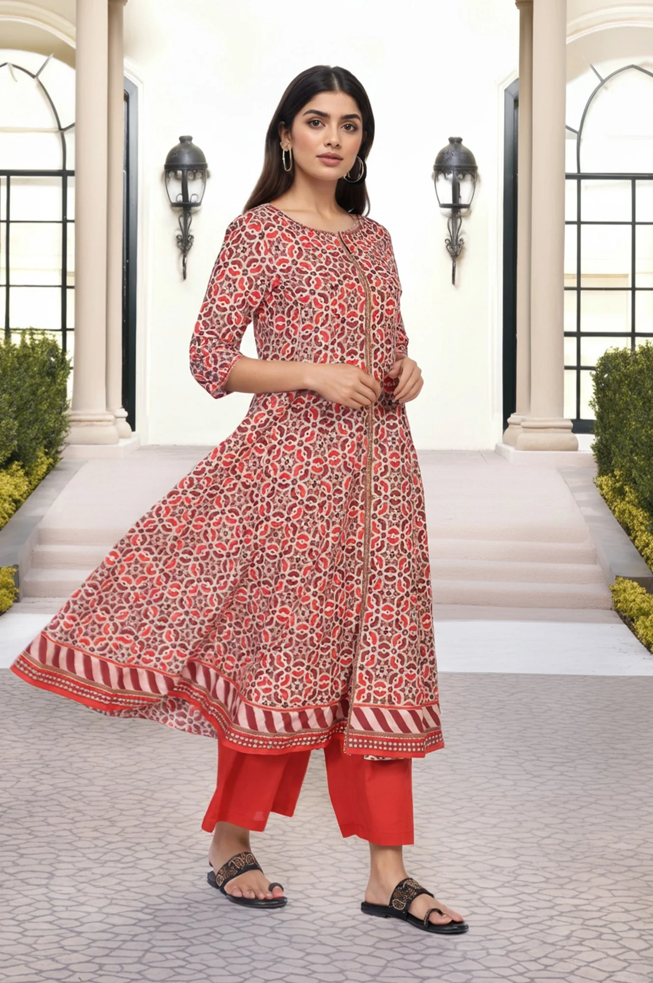Red Geometric Printed Anarkali Cotton Kurta with Parallel Pant Set - Image 4