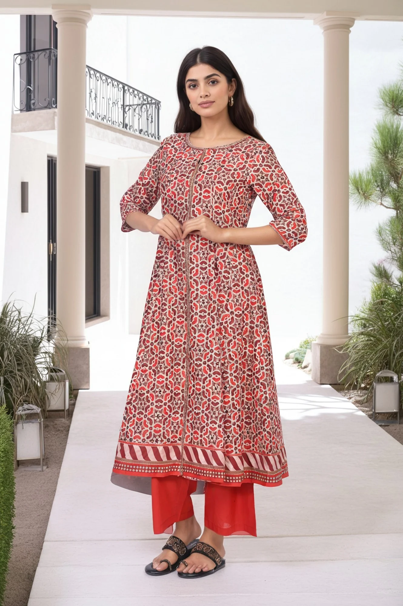 Red Geometric Printed Anarkali Cotton Kurta with Parallel Pant Set - Image 5