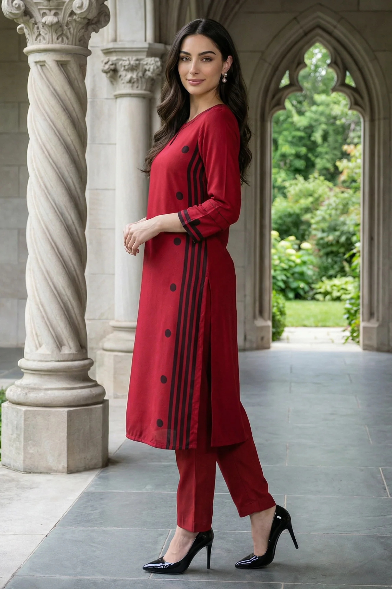 Red Geometric Printed Keyhole Neckline Rayon Straight Kurta - Image 5