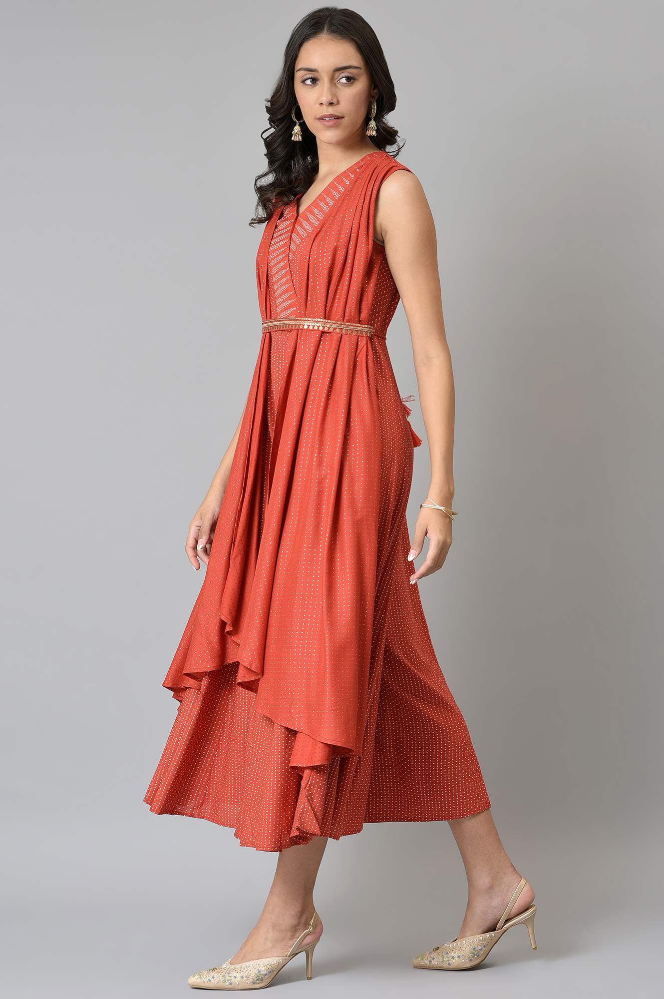 Red Gillet Kimono Jumpsuit With Embellished Belt - Image 3