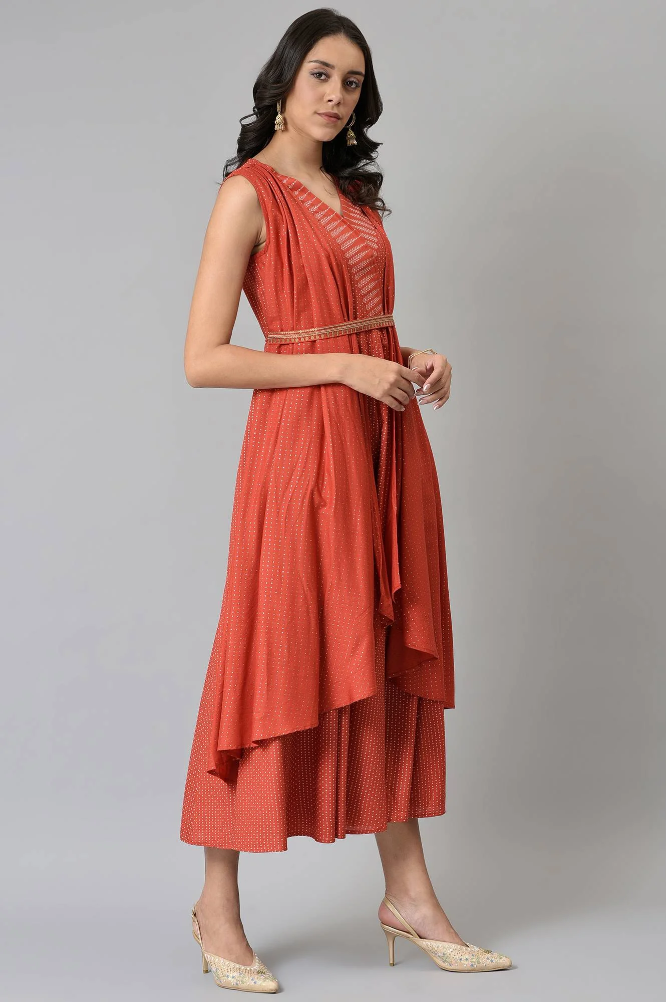 Red Gillet Kimono Jumpsuit With Embellished Belt - Image 4