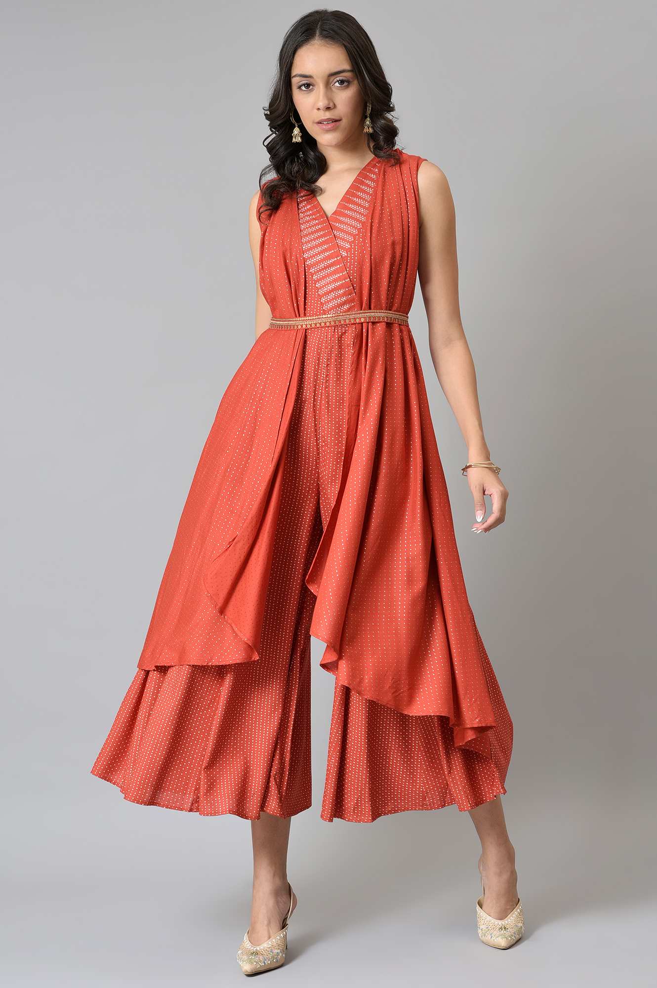 Red Gillet Kimono Jumpsuit With Embellished Belt - Image 5
