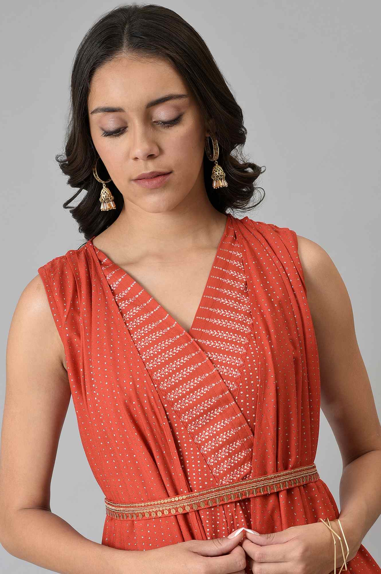 Red Gillet Kimono Jumpsuit With Embellished Belt - Image 6