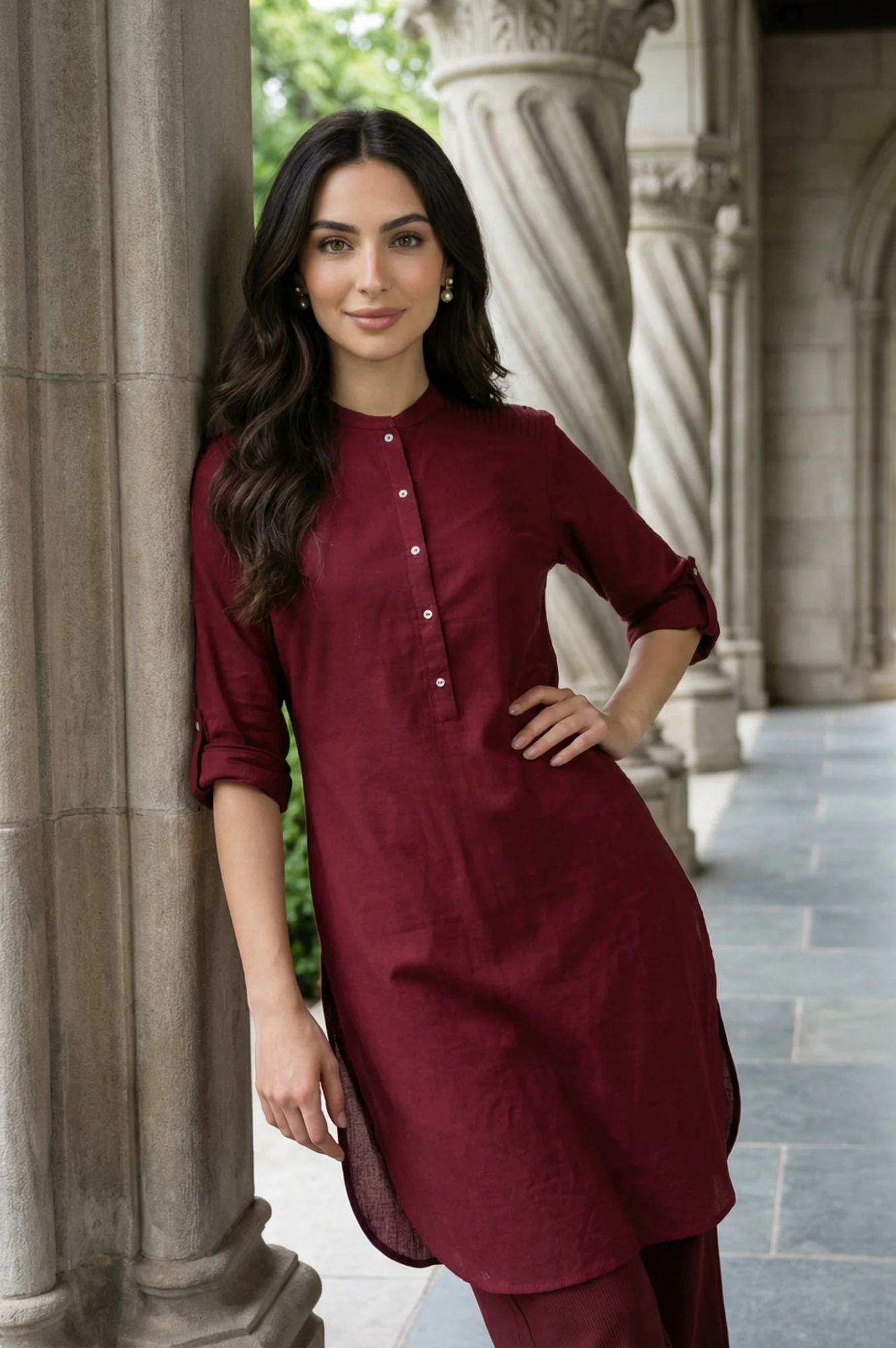 Red Half Placket Shirt kurta - Image 2