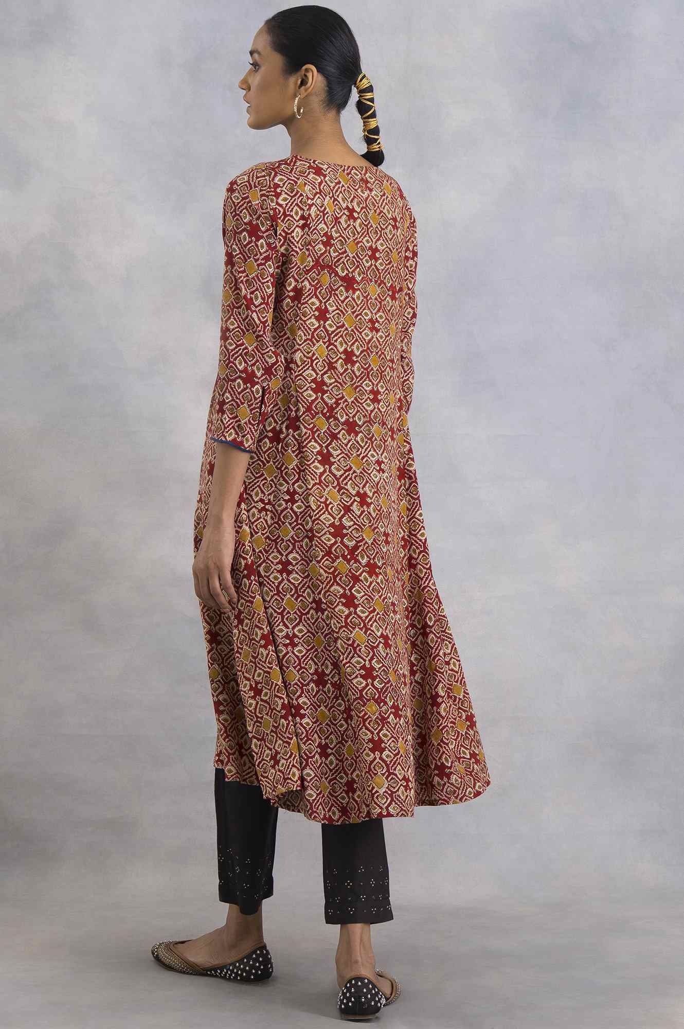 Red Hand Block Print Flared kurta - Image 2