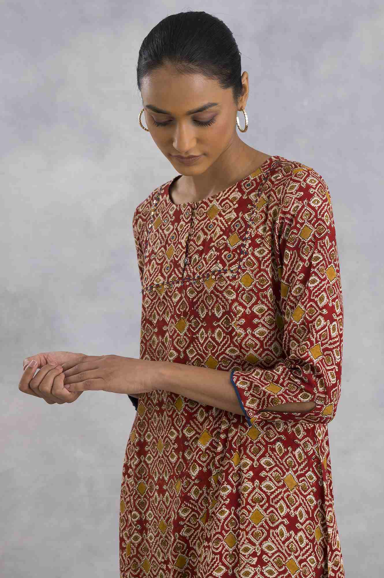 Red Hand Block Print Flared kurta - Image 5