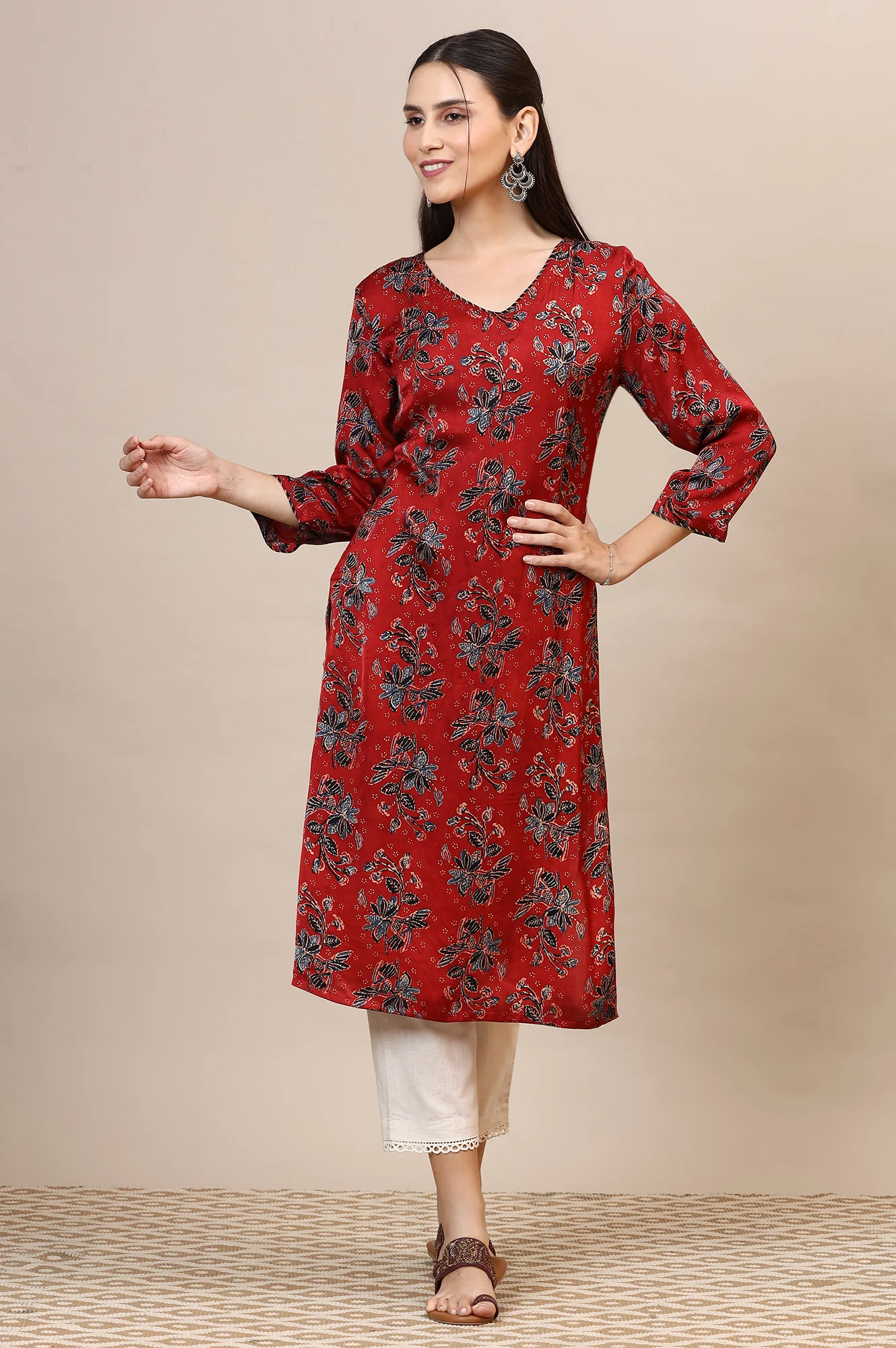 Red Handblock Ajrakh Printed Kurta in Lustrous Modal Satin - Image 3