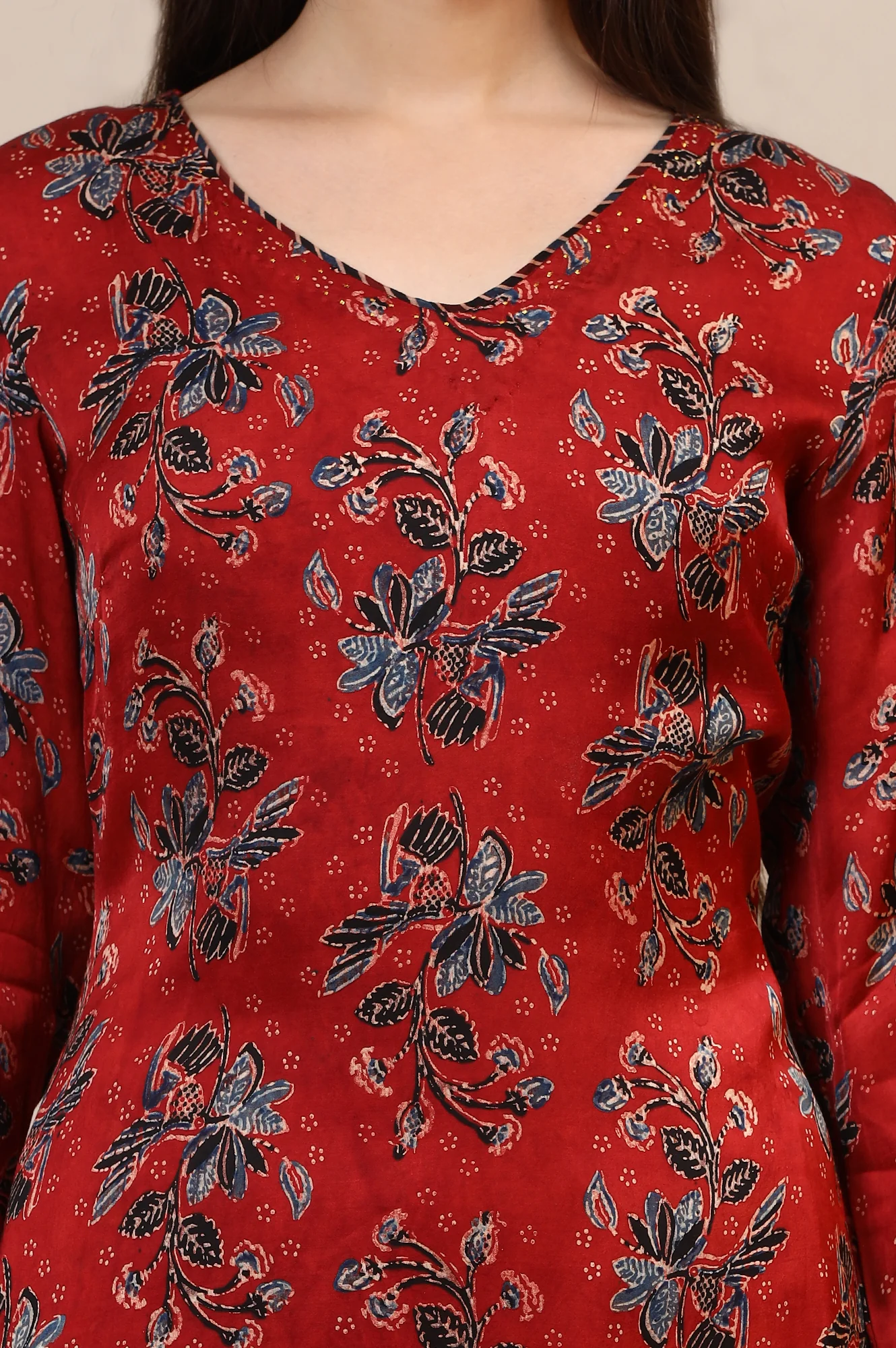 Red Handblock Ajrakh Printed Kurta in Lustrous Modal Satin - Image 4