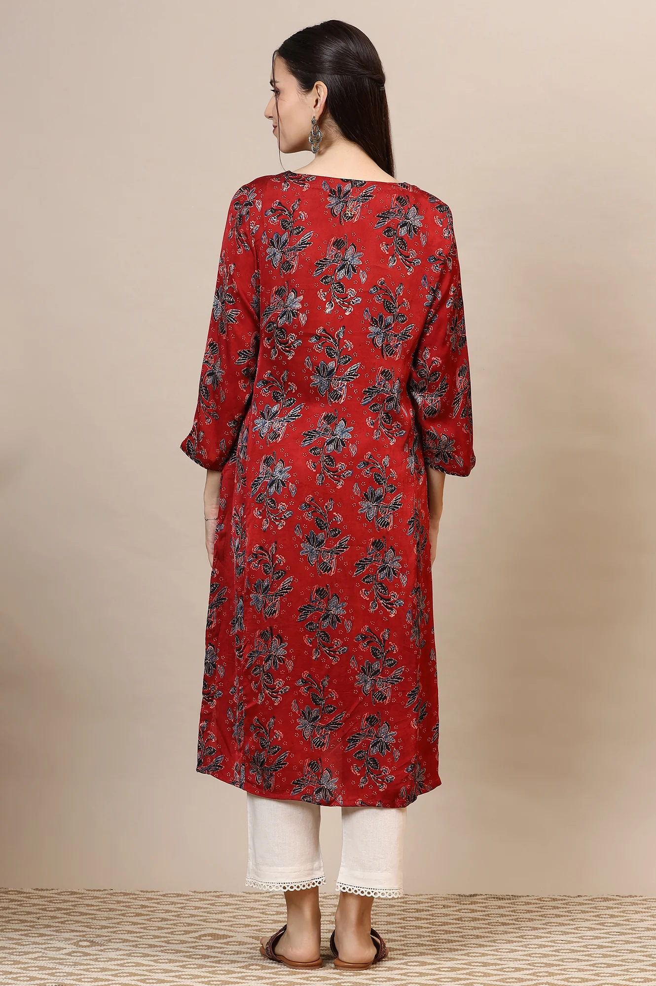 Red Handblock Ajrakh Printed Kurta in Lustrous Modal Satin - Image 6