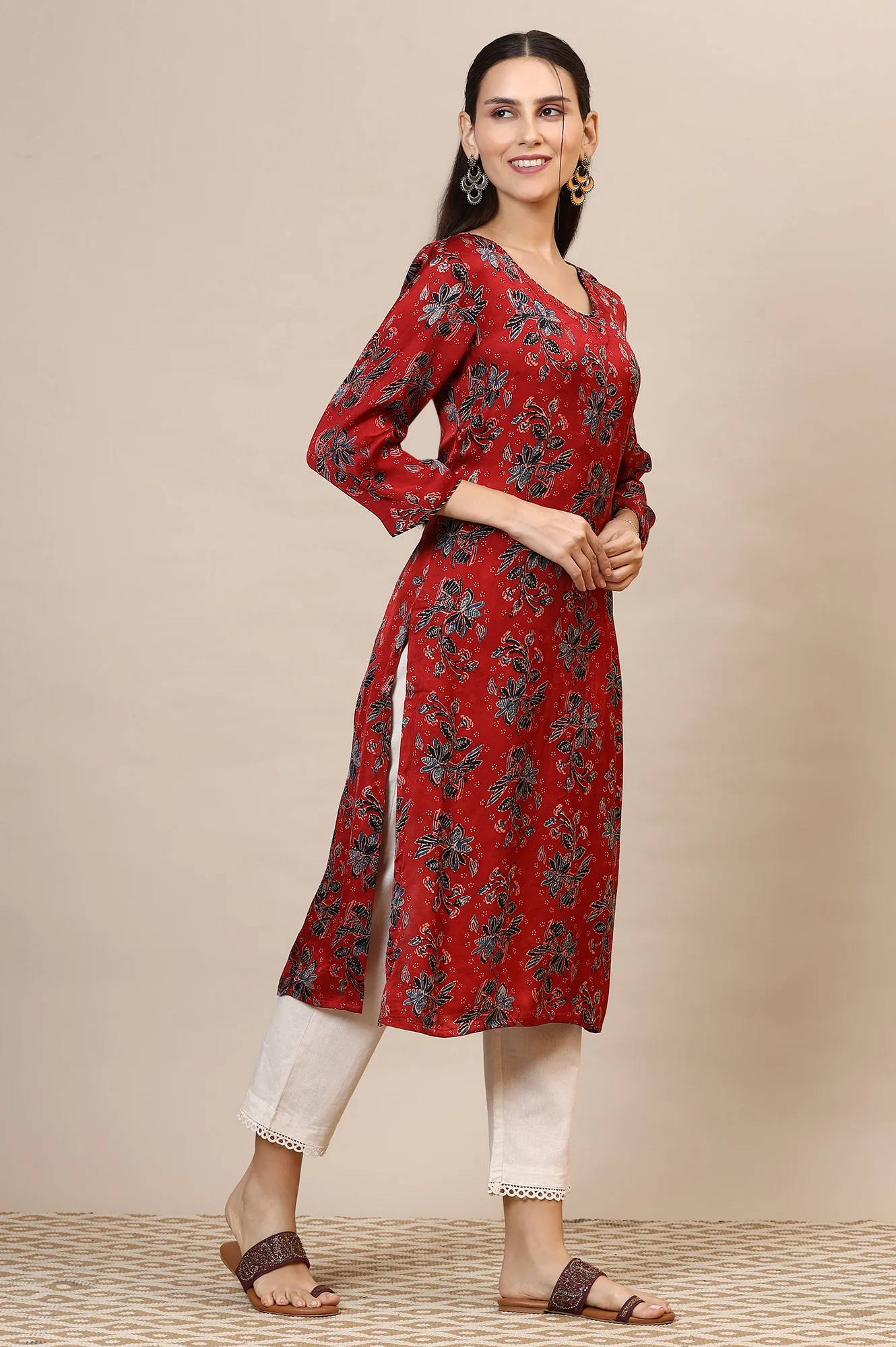 Red Handblock Ajrakh Printed Kurta in Lustrous Modal Satin - Image 7
