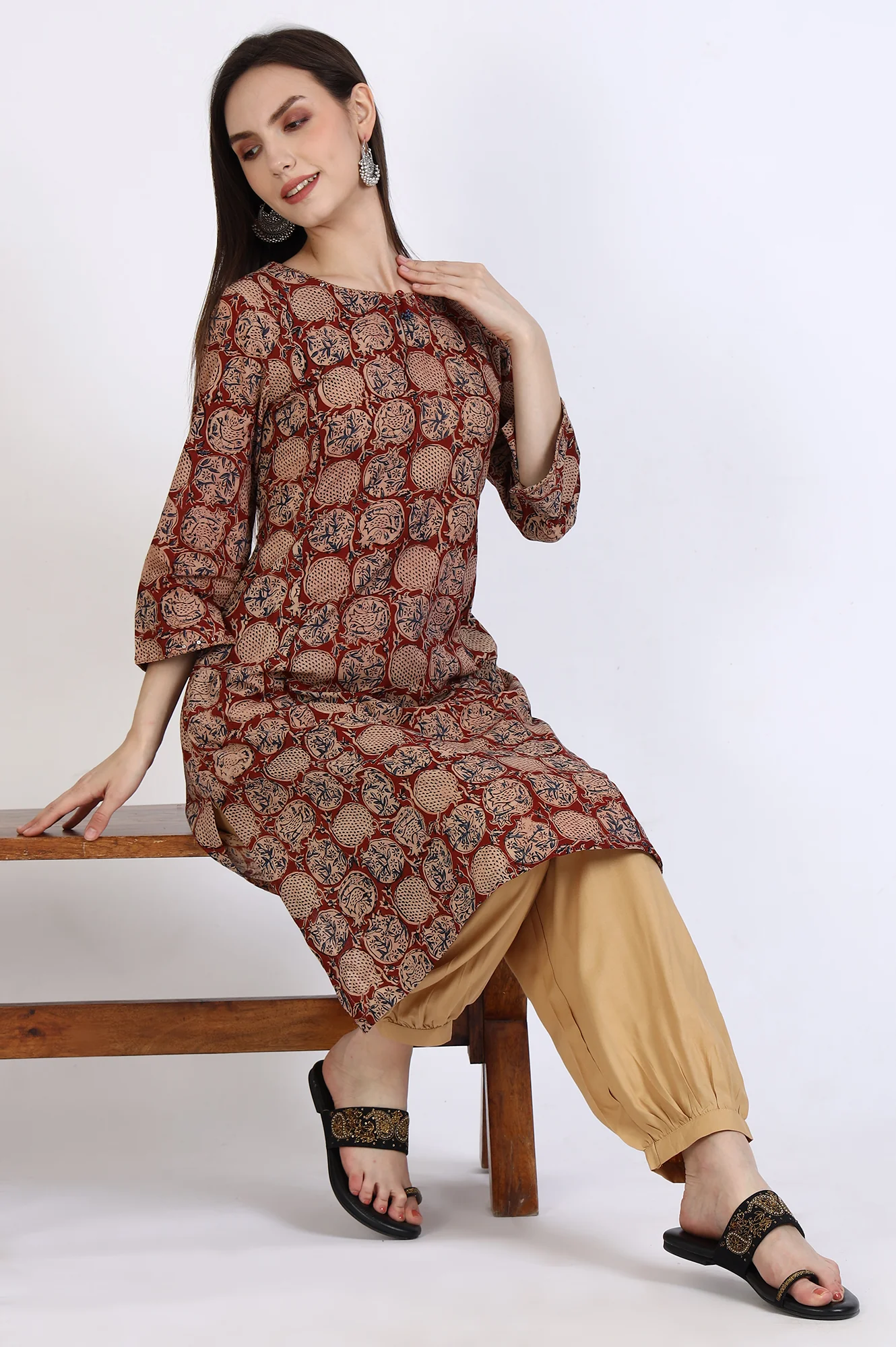 Red Handblock Print Kalamkari Kurta - Image 2