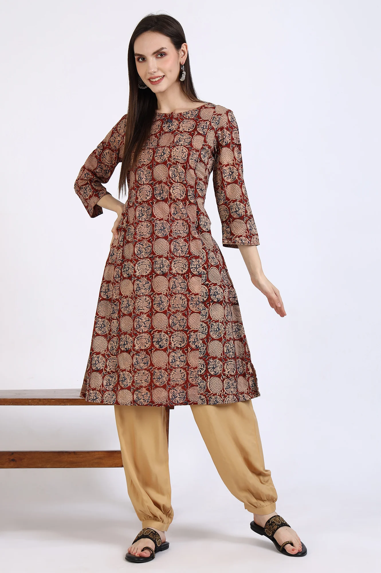 Red Handblock Print Kalamkari Kurta - Image 3