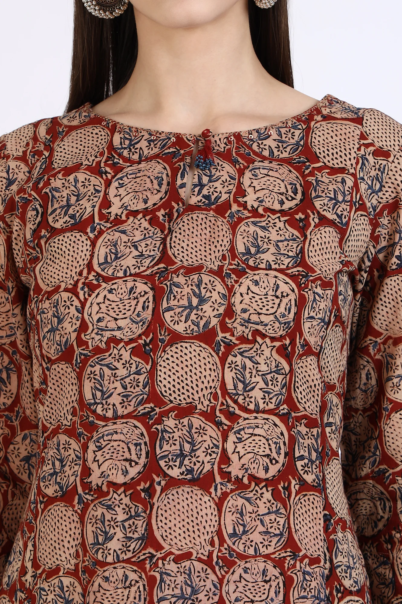 Red Handblock Print Kalamkari Kurta - Image 4