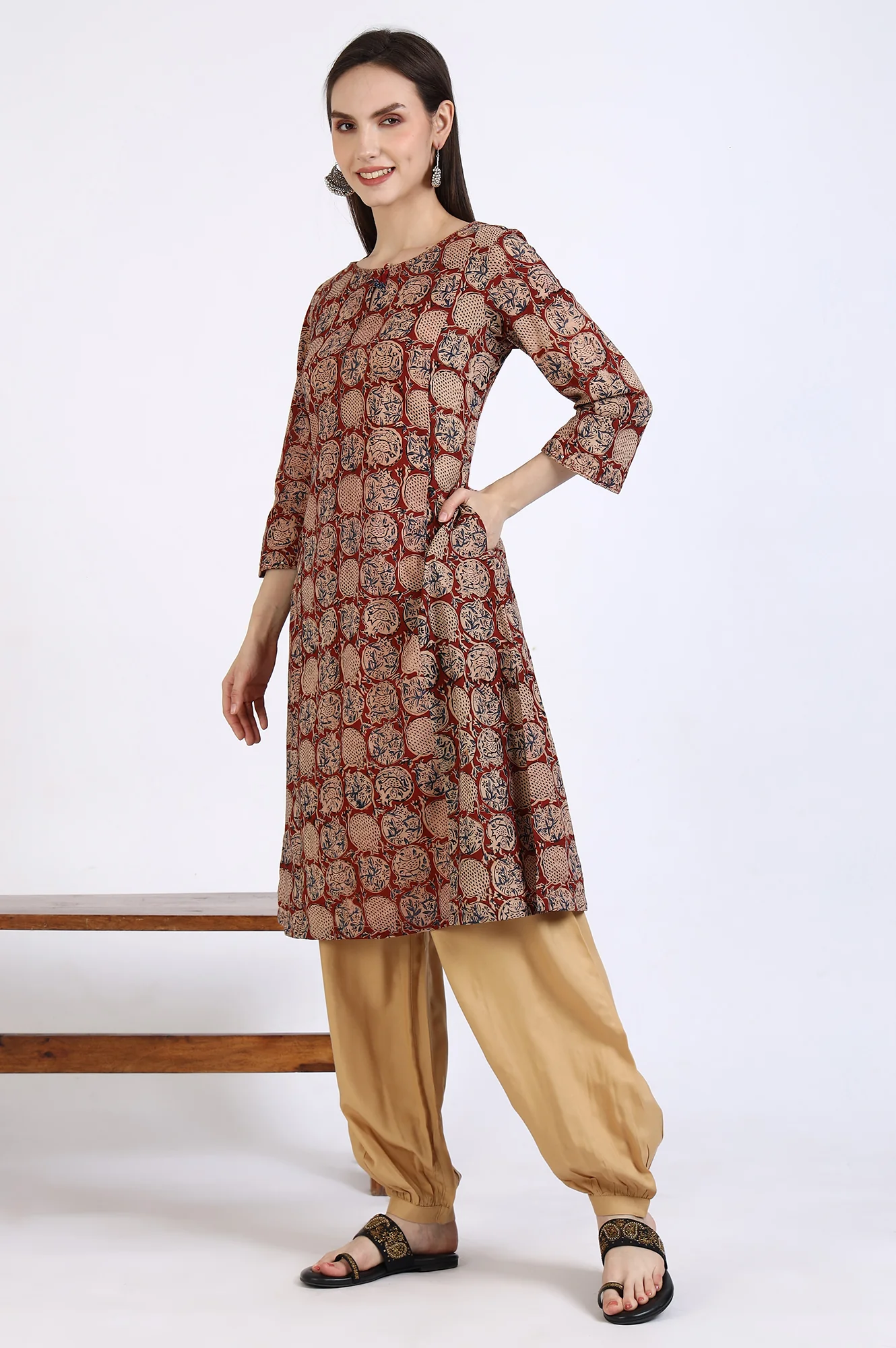 Red Handblock Print Kalamkari Kurta - Image 5