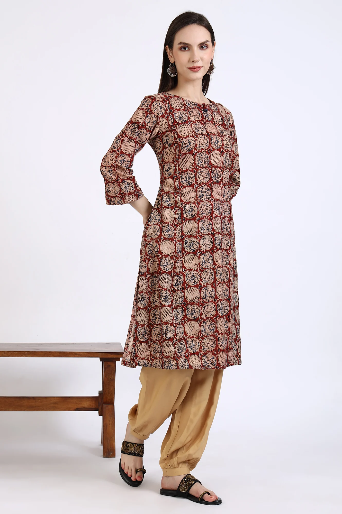 Red Handblock Print Kalamkari Kurta - Image 7