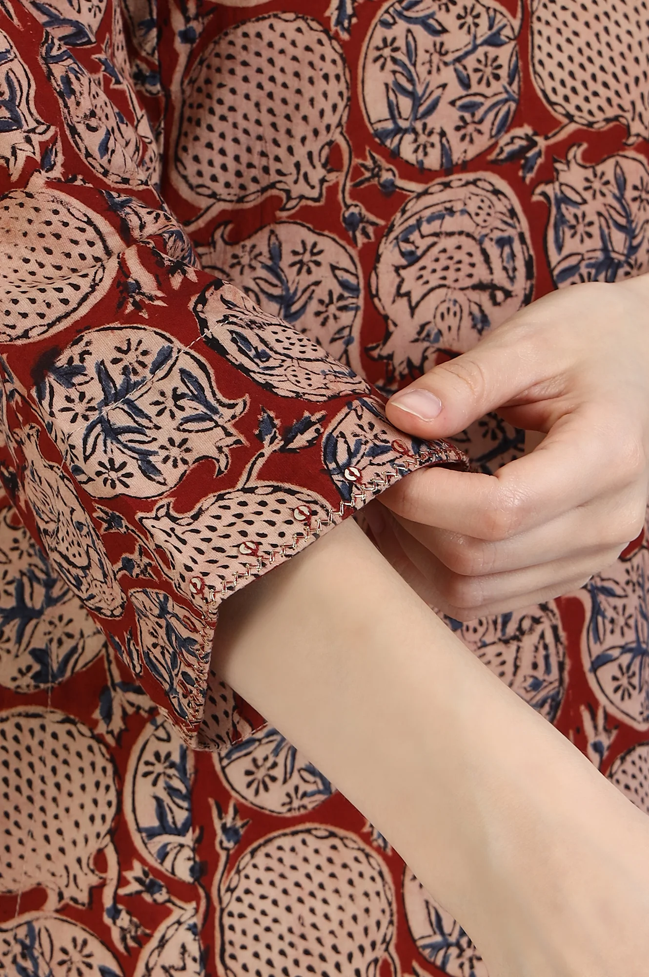 Red Handblock Print Kalamkari Kurta - Image 8