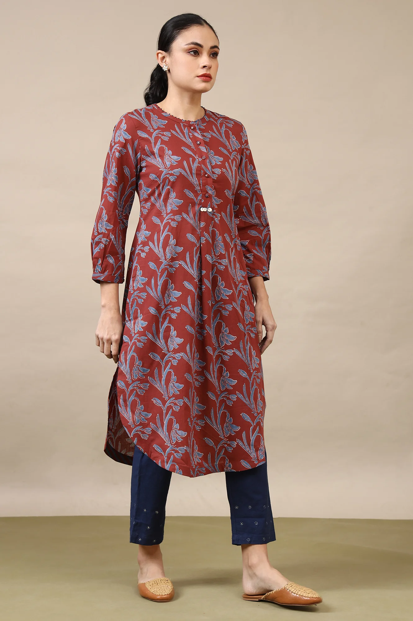 Red Handblock Print Kurta In Soft Voile - Image 7