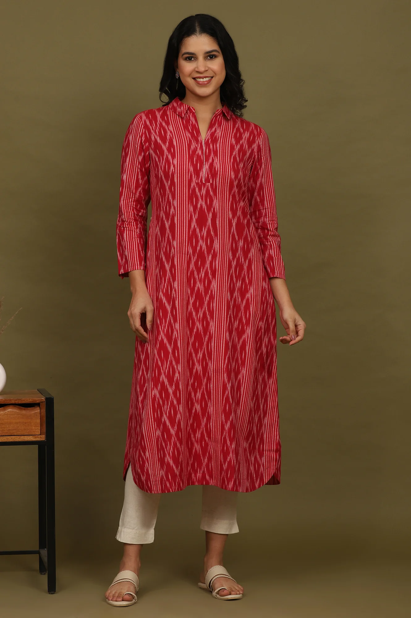 Red Ikat Yarn Dyed Pure Cotton Shirt Collar Kurta - Image 3
