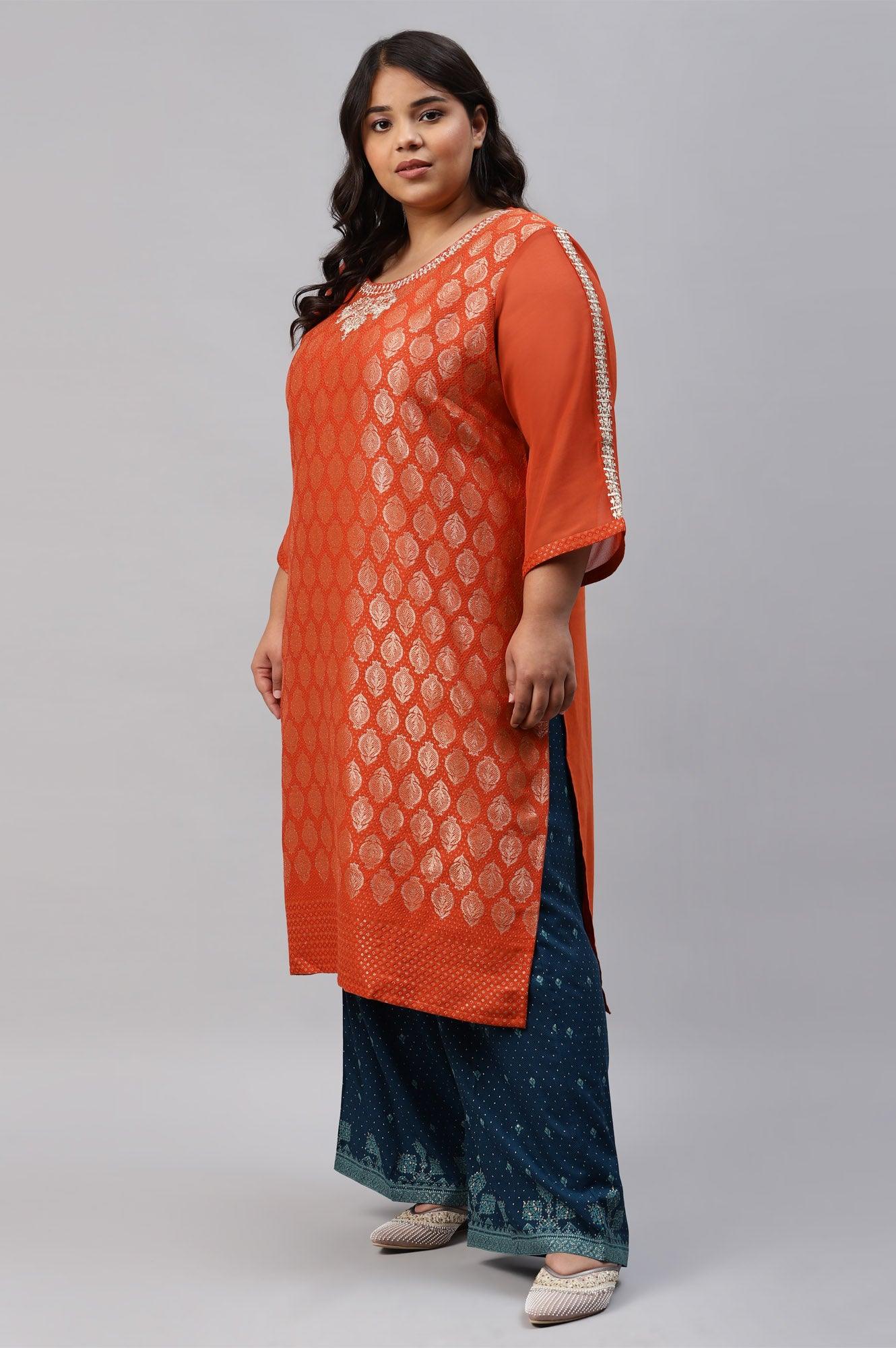 Red Jacquard Plus Size kurta With Embroidery - Image 3