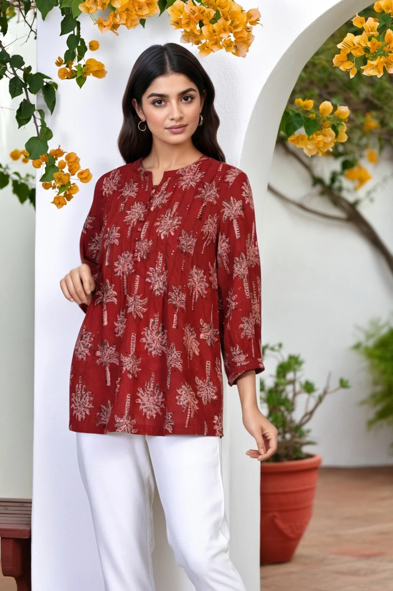 Red Kalamkari Printed Mirror Work Straight Cotton Top - Image 5