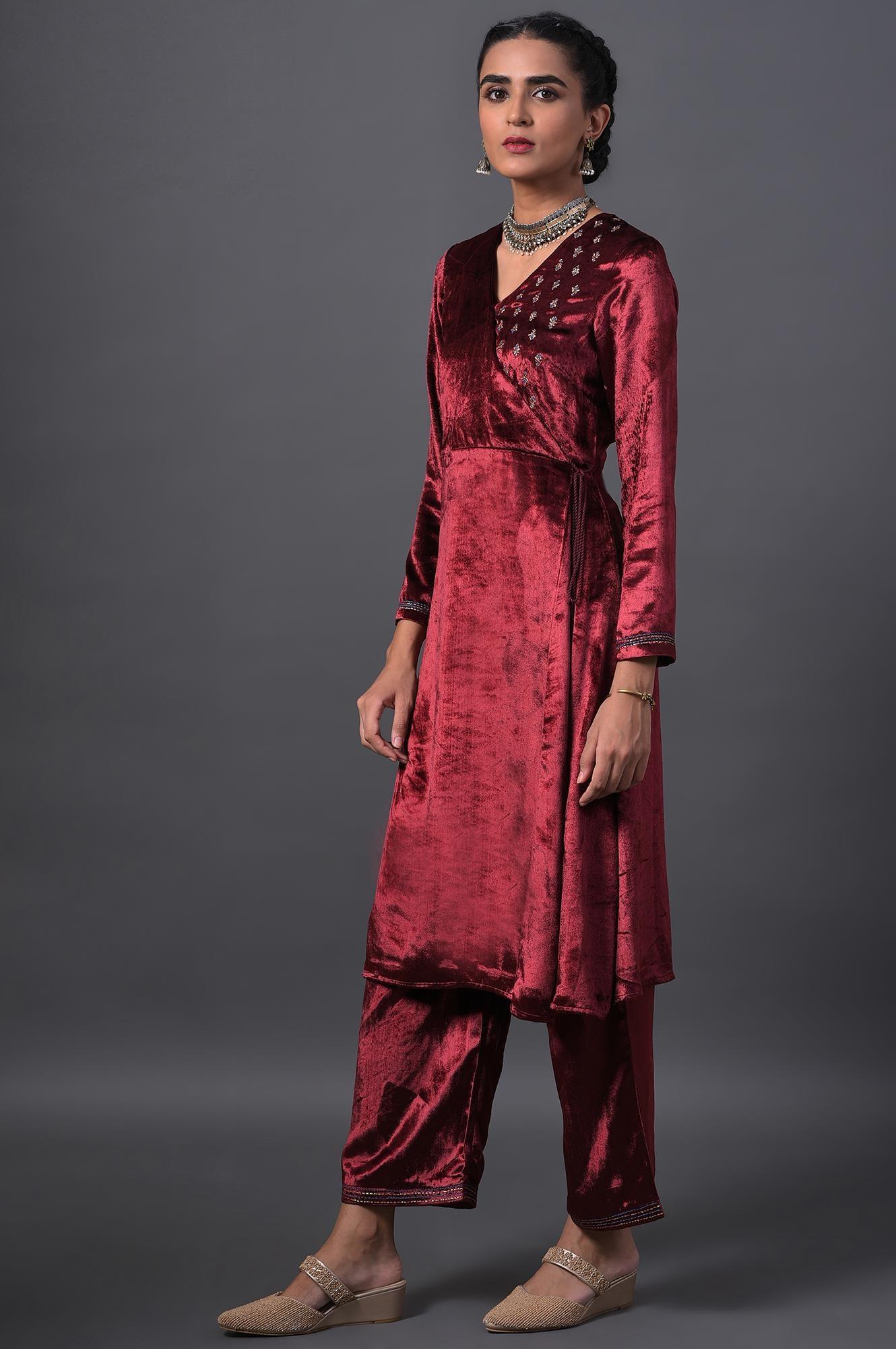 Red Mock Angrakha Embroidered kurta With Straight Pants - Image 3