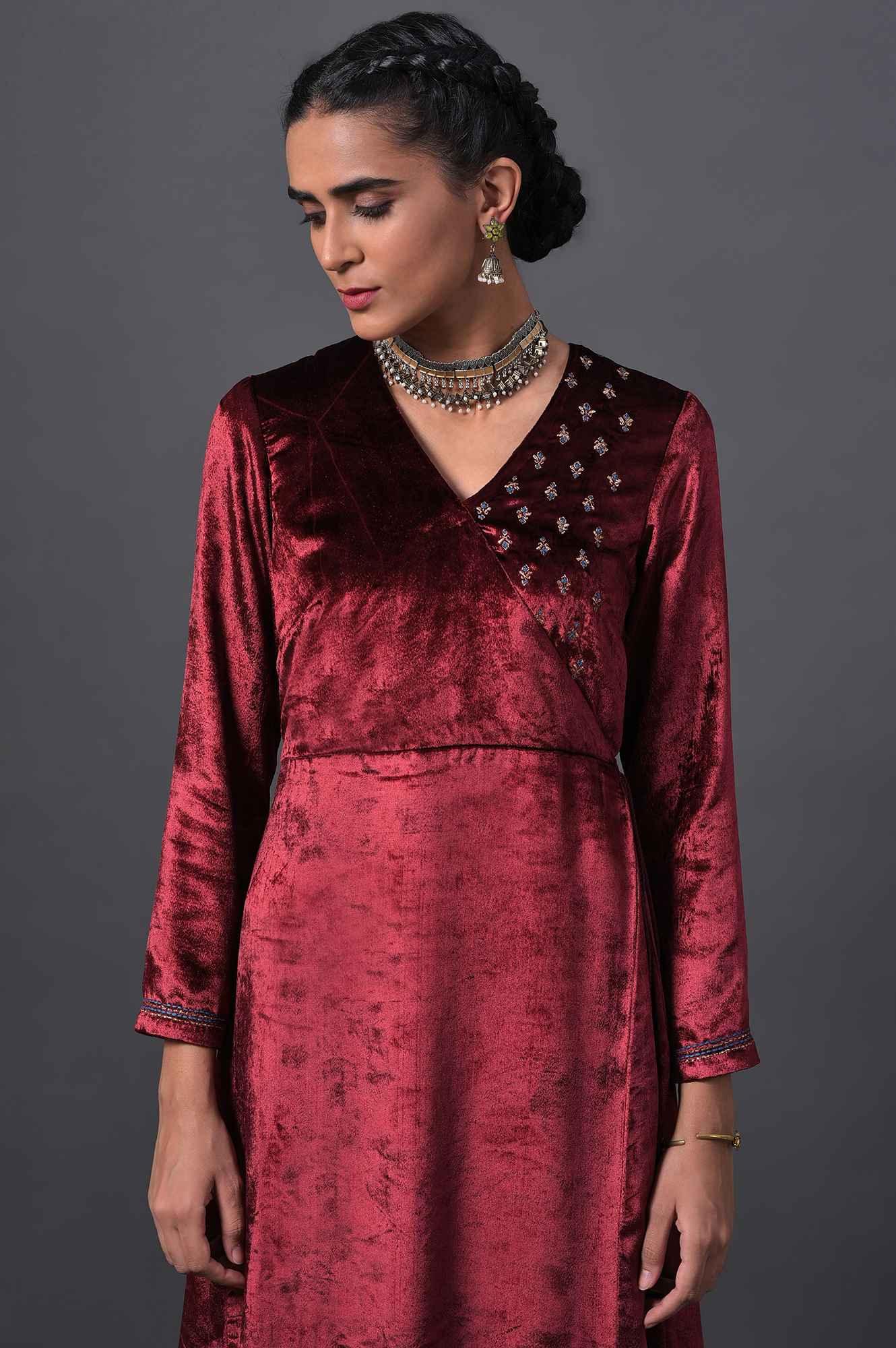 Red Mock Angrakha Embroidered kurta With Straight Pants - Image 5