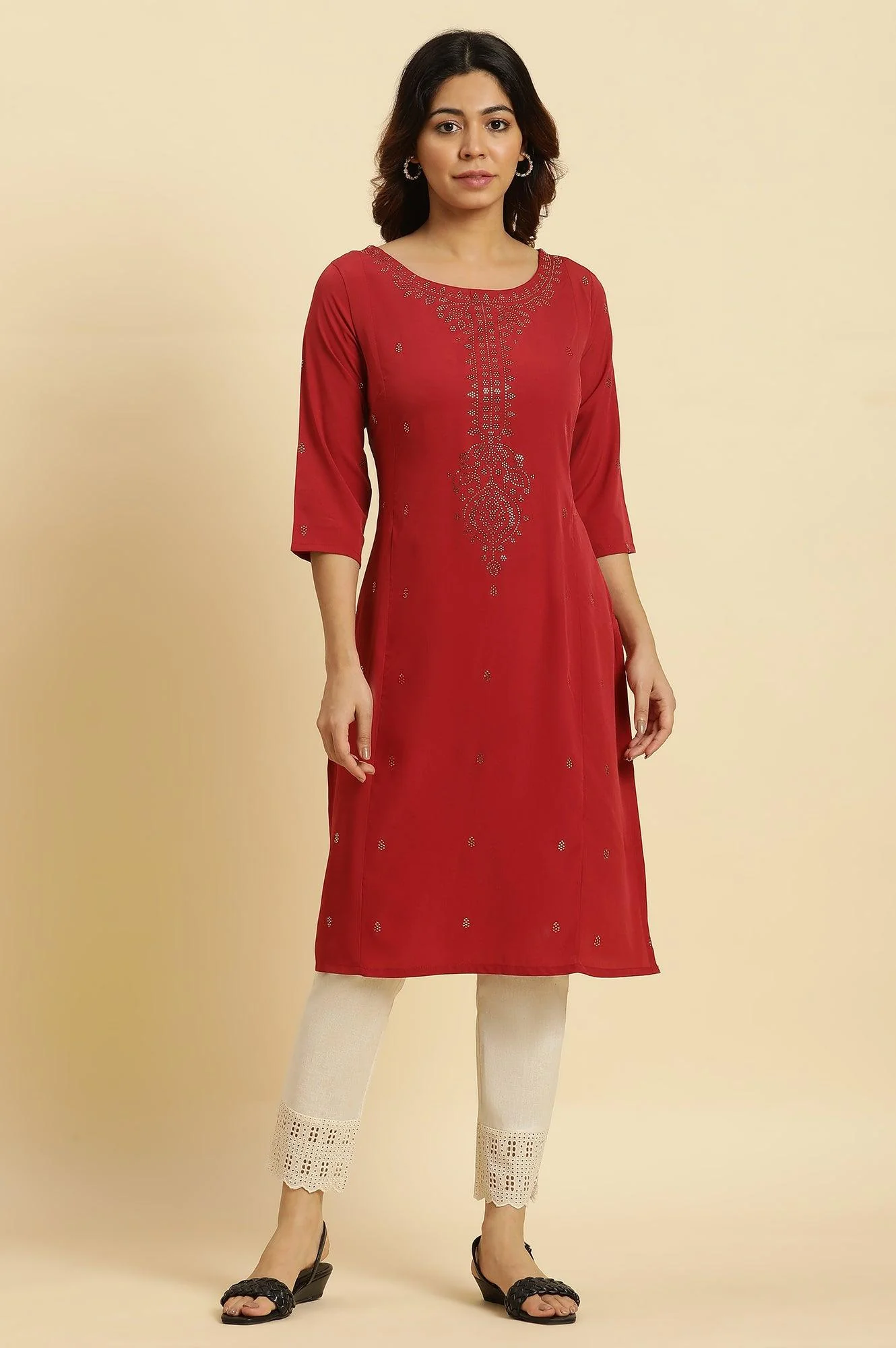 Red Mukaish Printed Festive Straight Kurta - Image 2