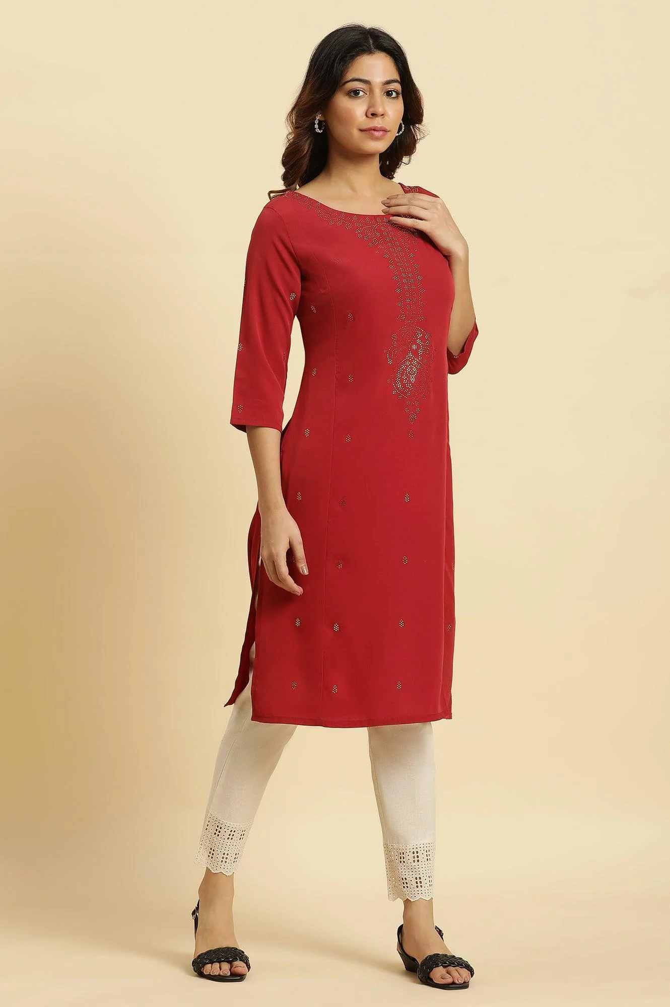 Red Mukaish Printed Festive Straight Kurta - Image 5