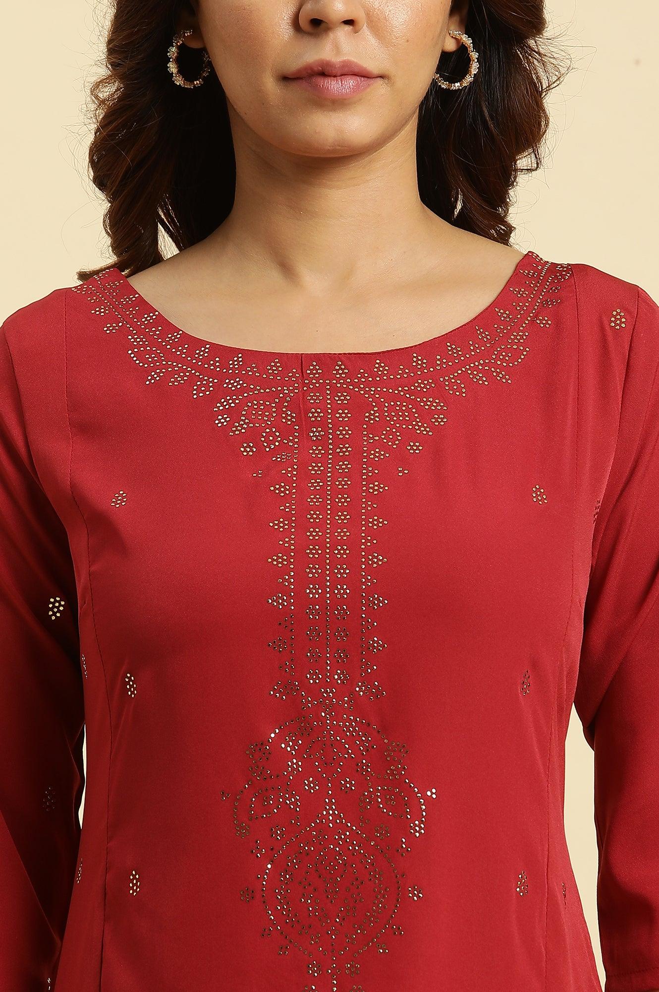 Red Mukaish Printed Festive Straight Kurta - Image 6
