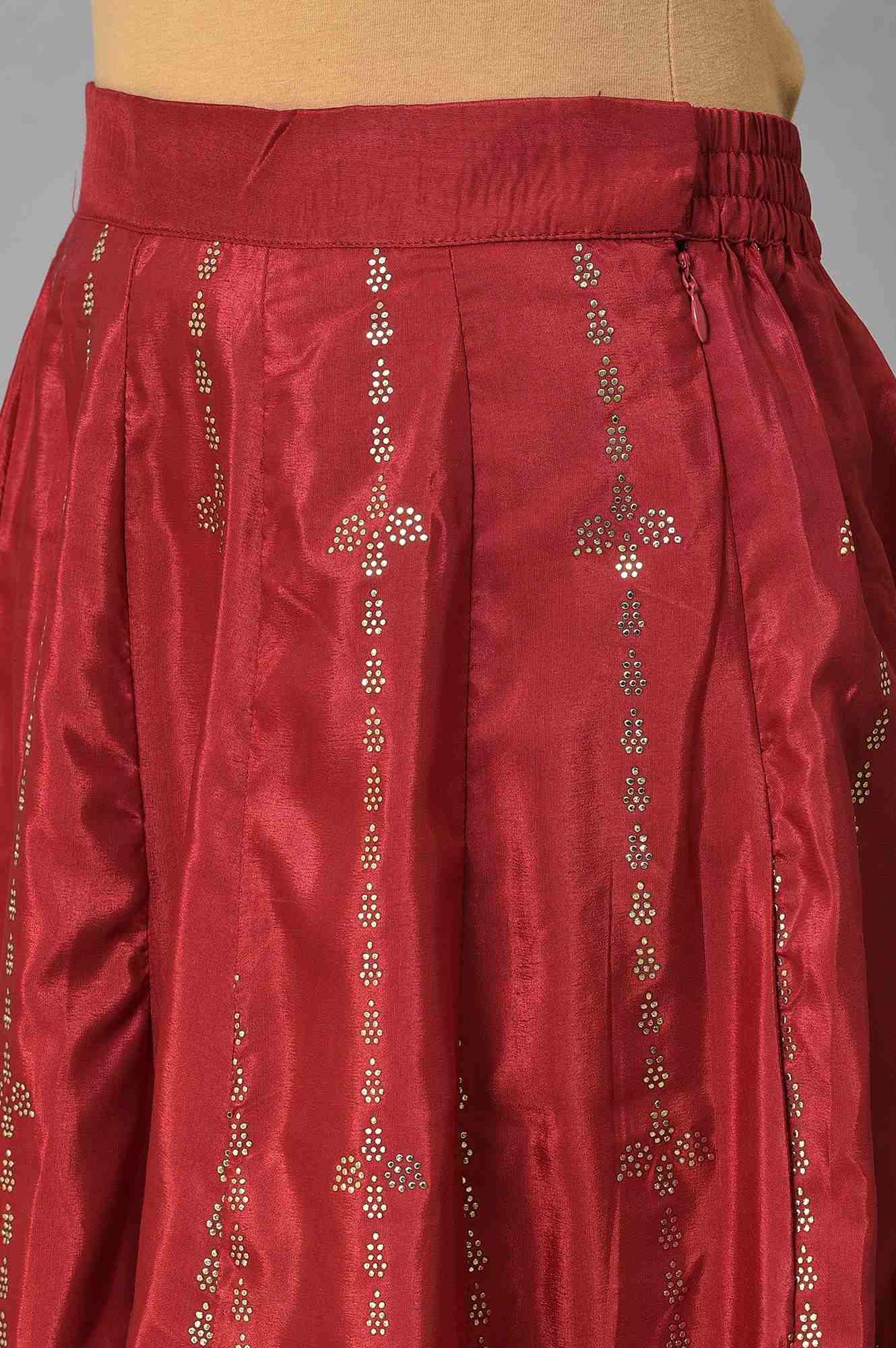 Red Mukaish Printed kurta With Flared Skirt And Mesh Dupatta - Image 7