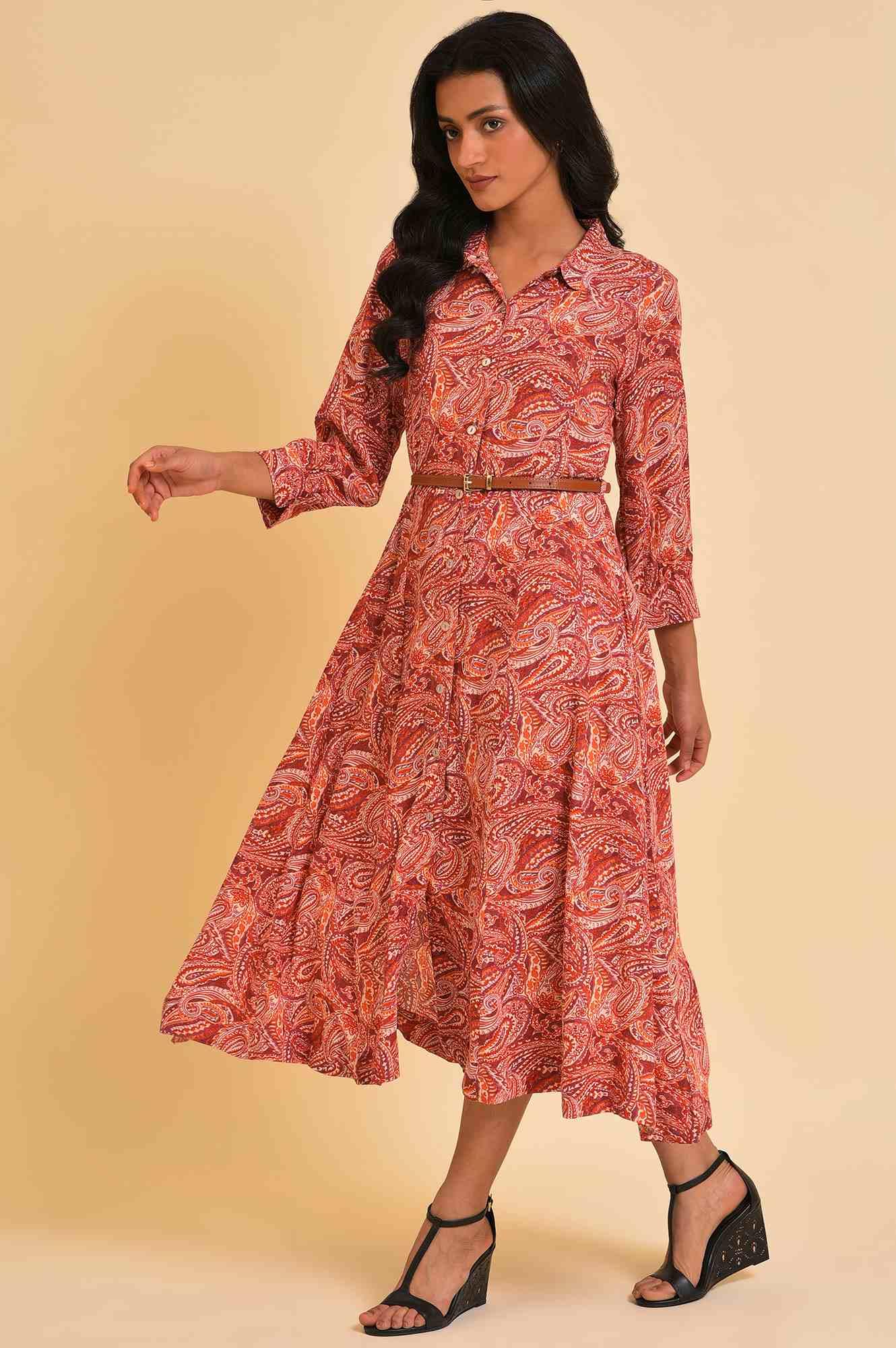 Red Paisley Print Long Shirt Dress - Image 3