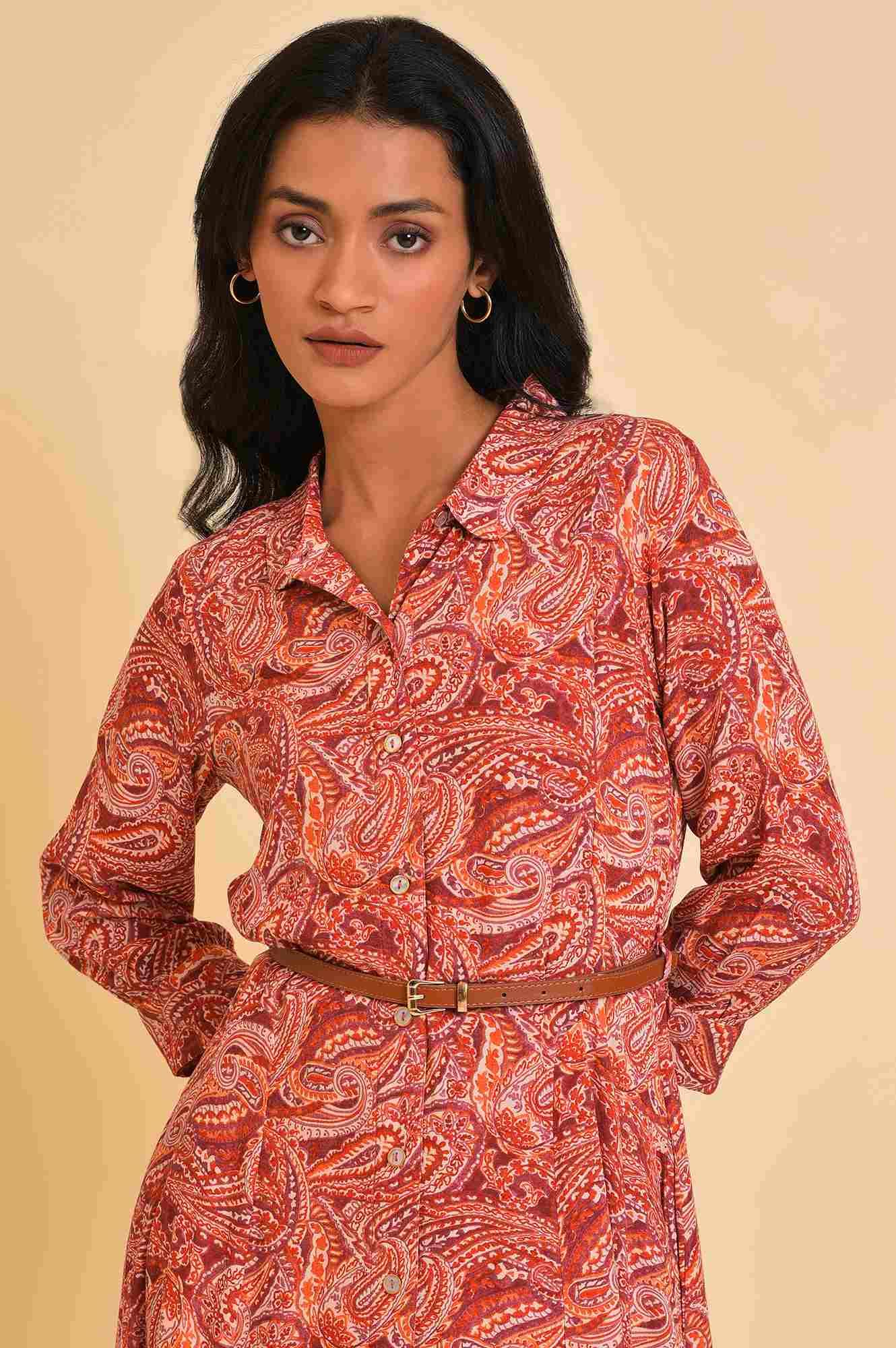 Red Paisley Print Long Shirt Dress - Image 5