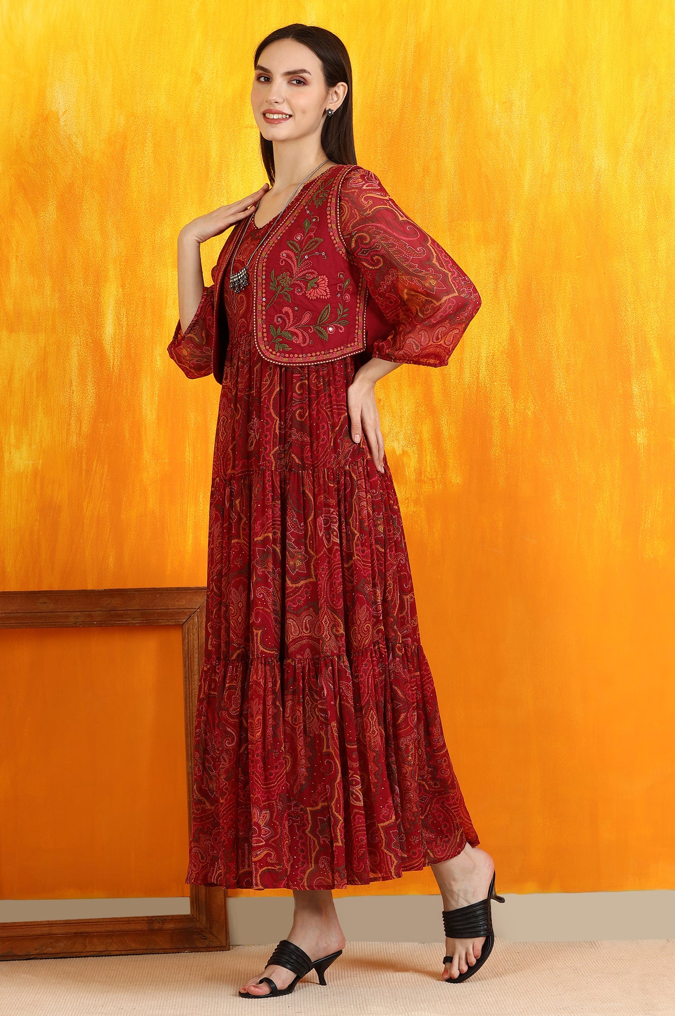 Red Paisley Printed Chiffon Dress and Waistcoat - Image 5