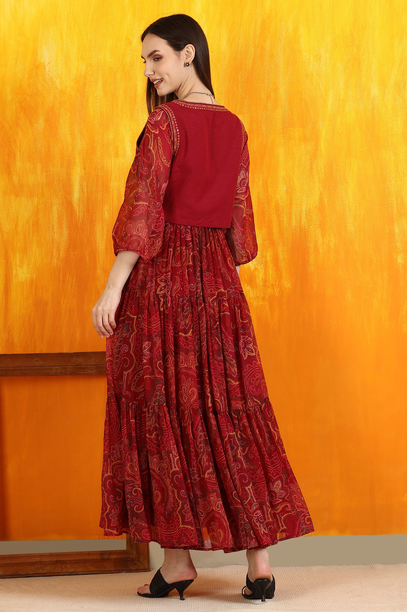 Red Paisley Printed Chiffon Dress and Waistcoat - Image 6