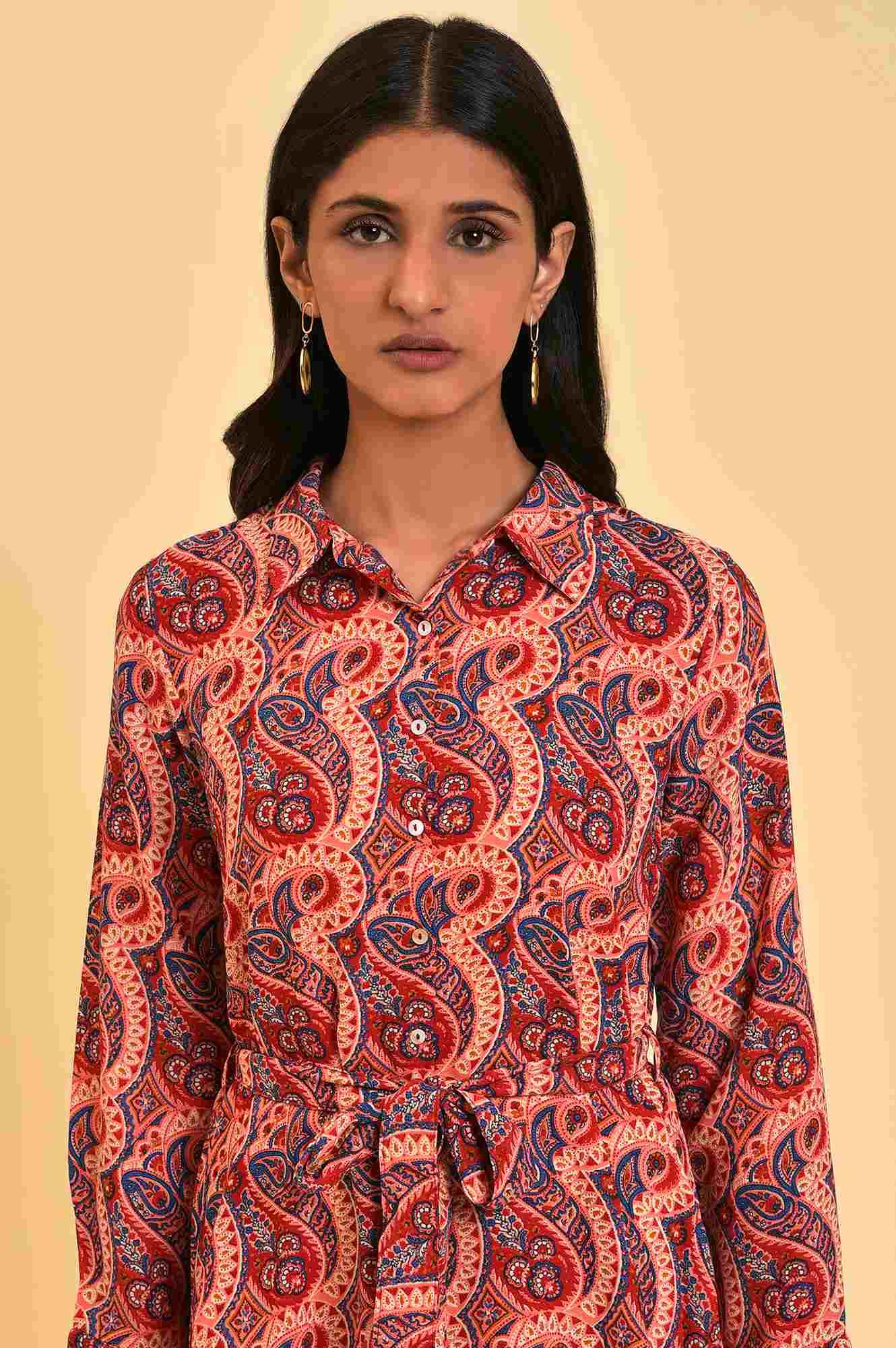 Red Paisley Printed Short Western Dress - Image 5