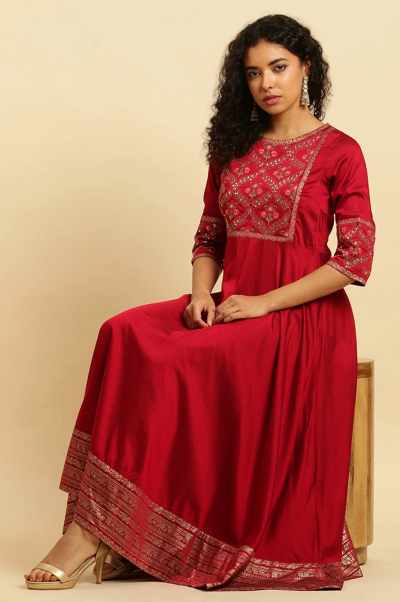 Red Panelled Embroidered Festive Dress