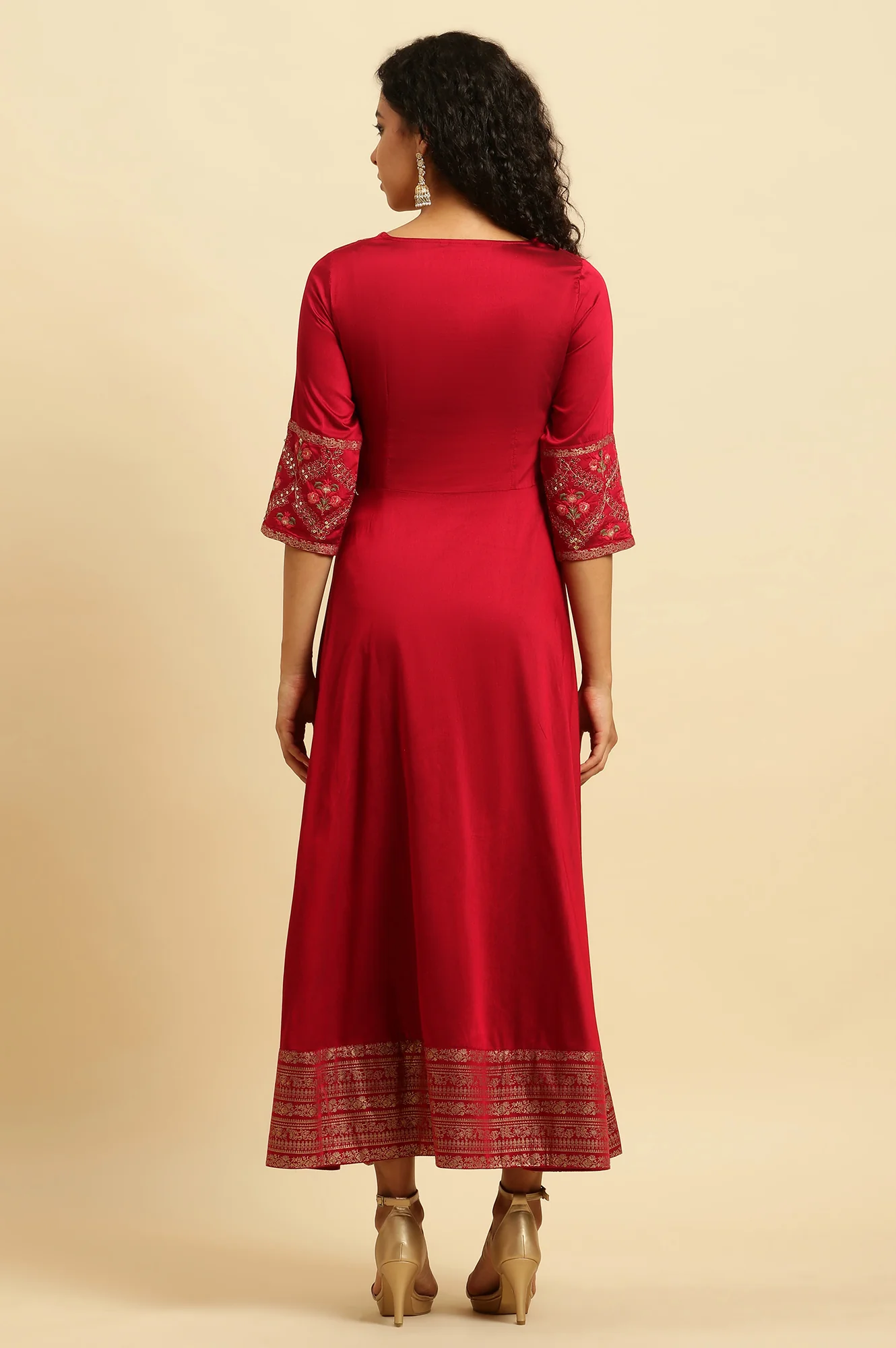 Red Panelled Embroidered Festive Dress - Image 4