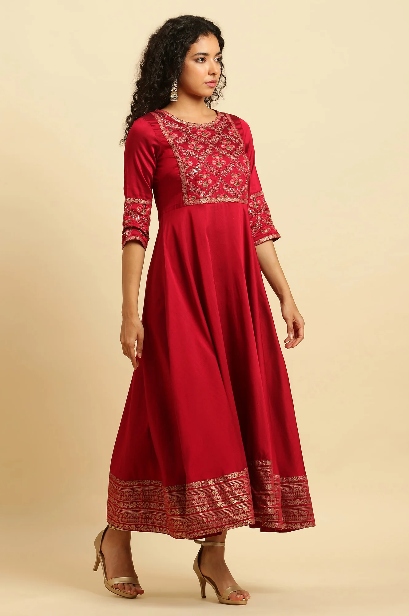 Red Panelled Embroidered Festive Dress - Image 5