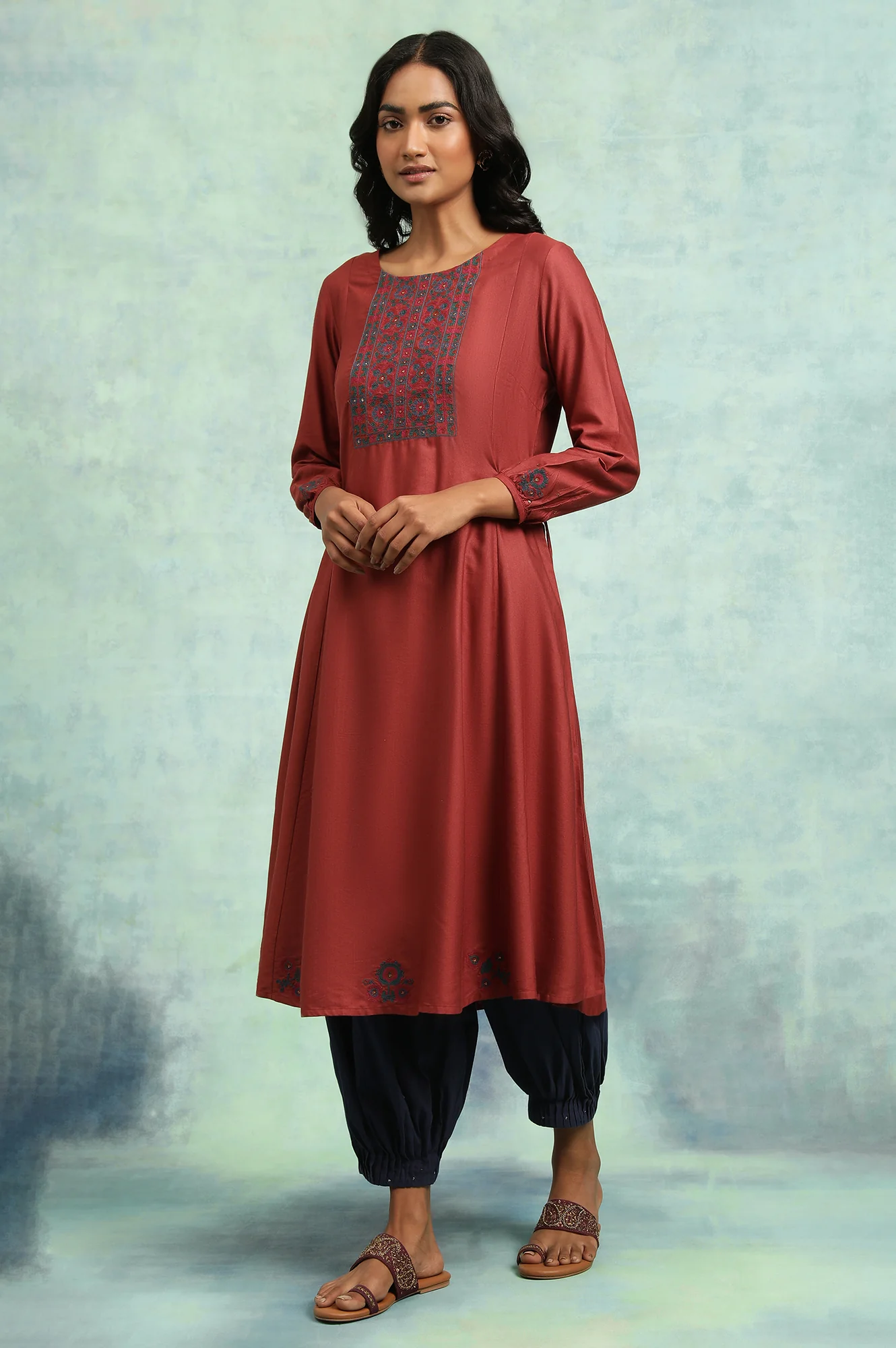 Red Panelled Flared Embroidered Dress - Image 3