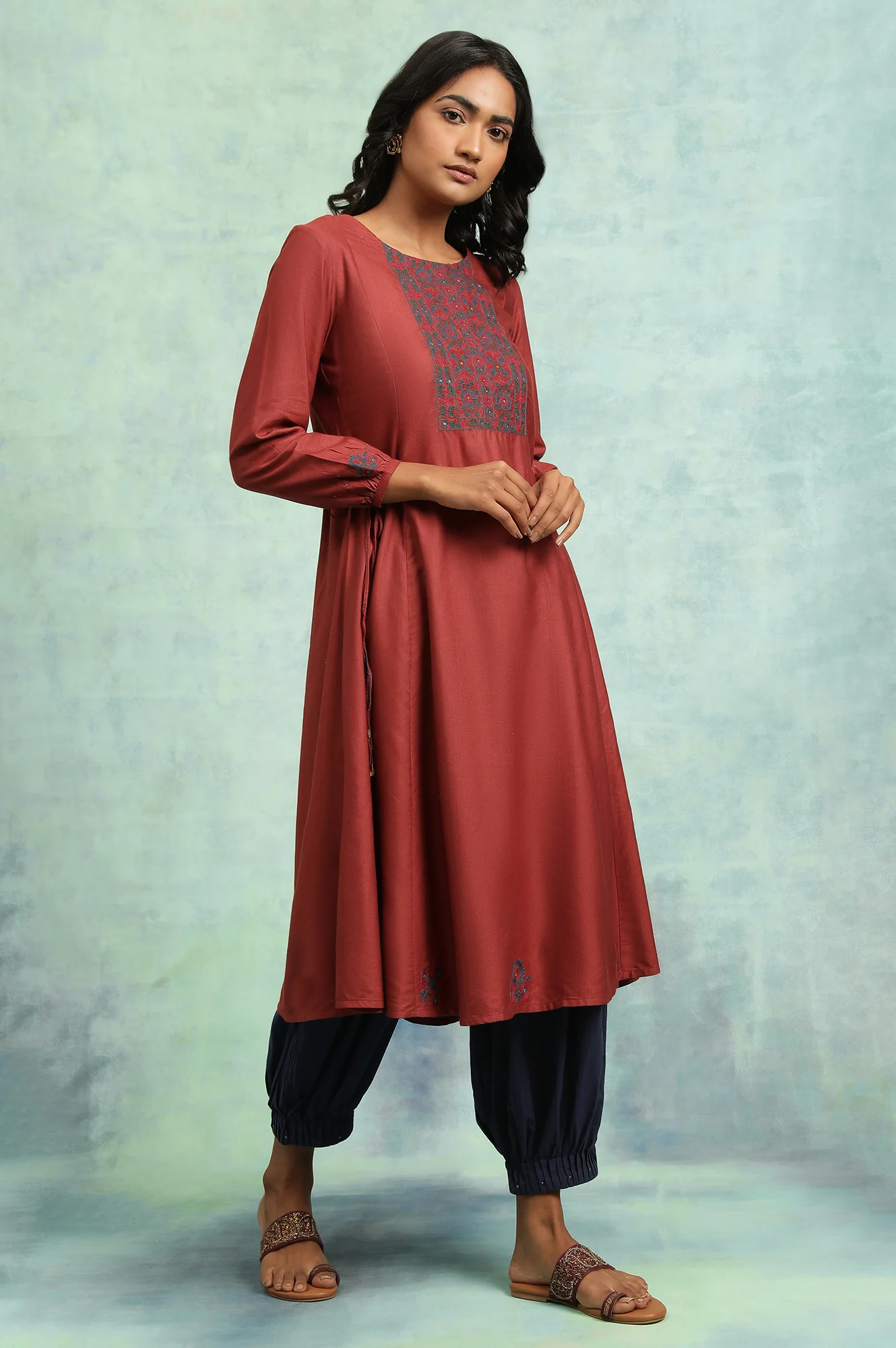 Red Panelled Flared Embroidered Dress - Image 4