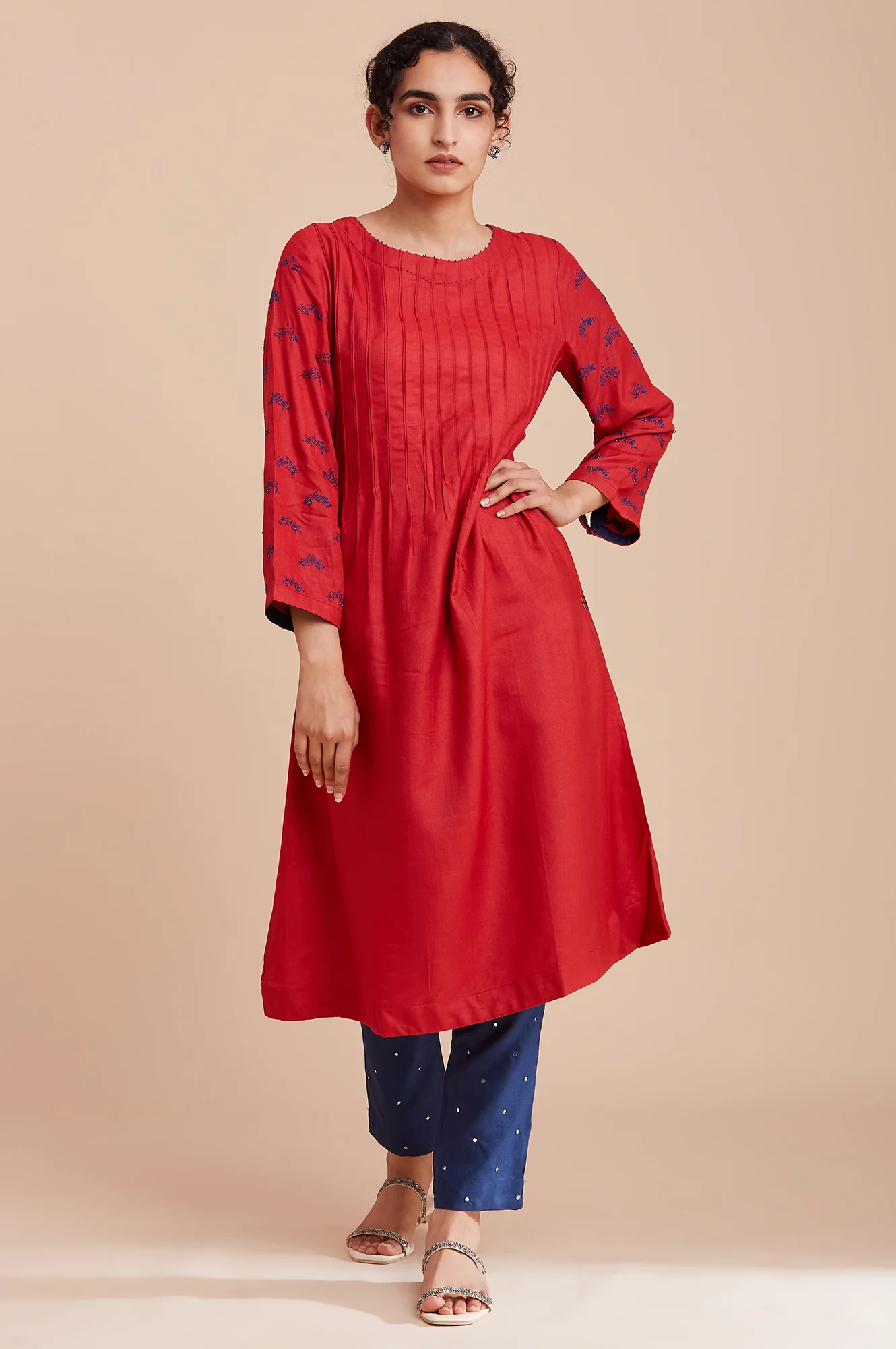 Red Pintuck Dress With Kantha Embroidery - Image 5