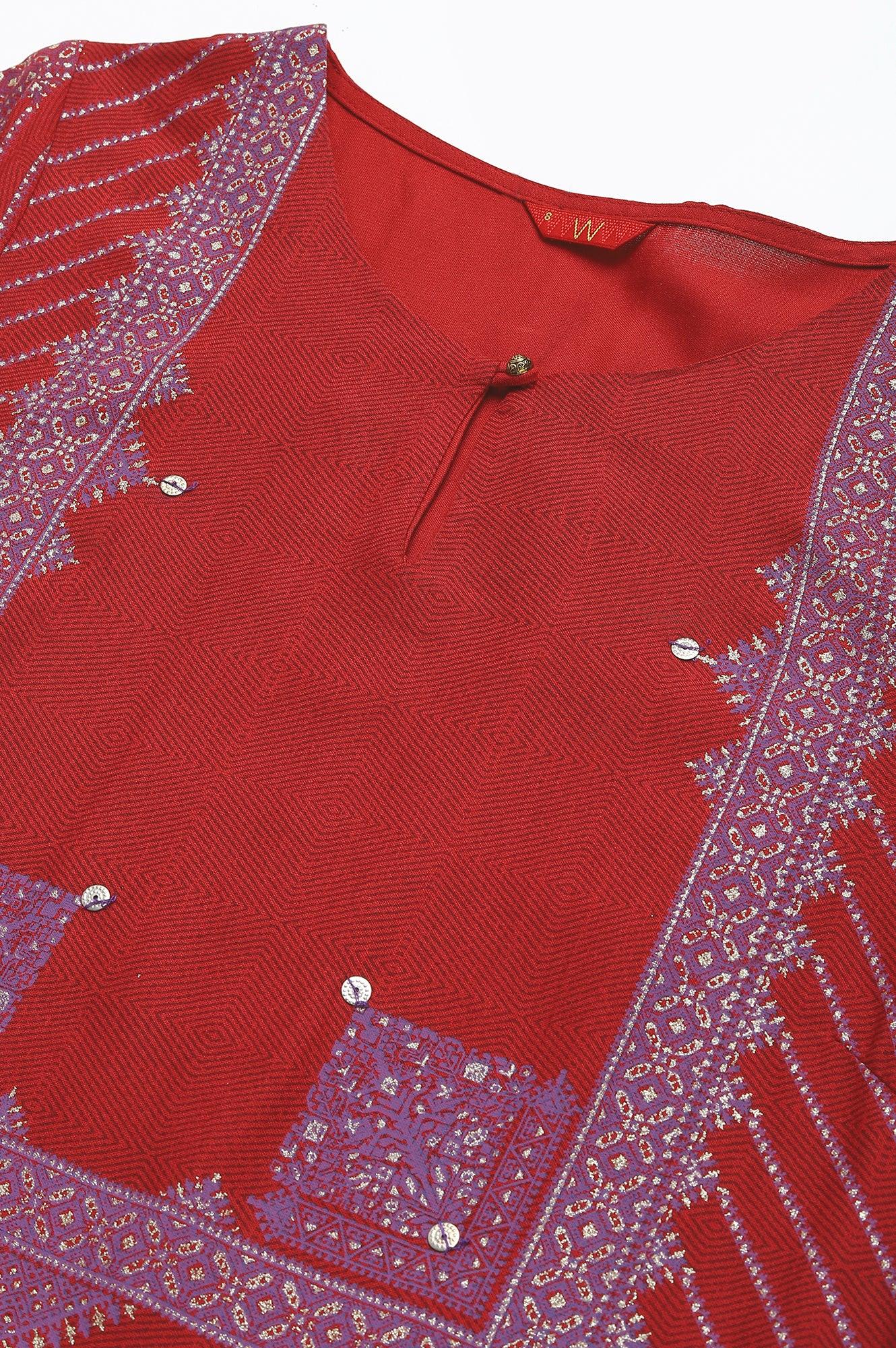 Red Placement Print Embellished kurta - Image 2