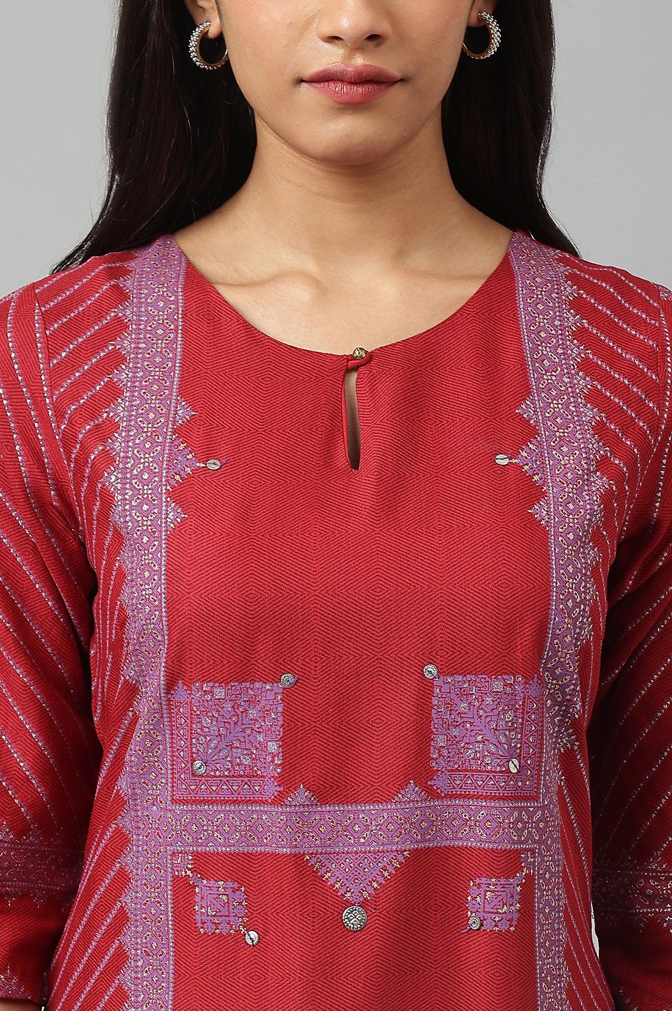 Red Placement Print Embellished kurta - Image 7