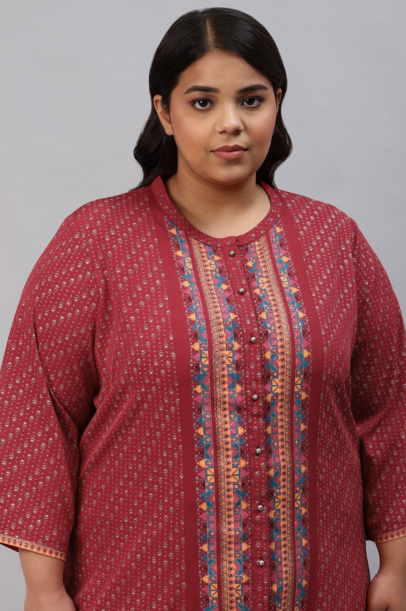 Red Placement Print Festive Plus Size kurta - Image 5