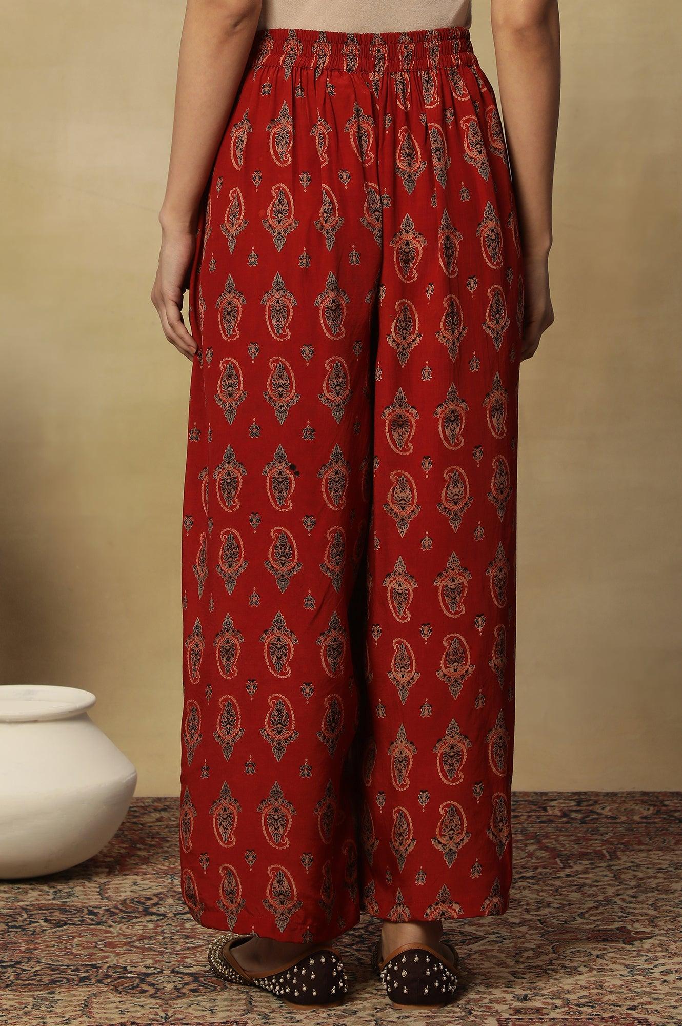 Red Printed Embroidered Red Parallel Pants - Image 3